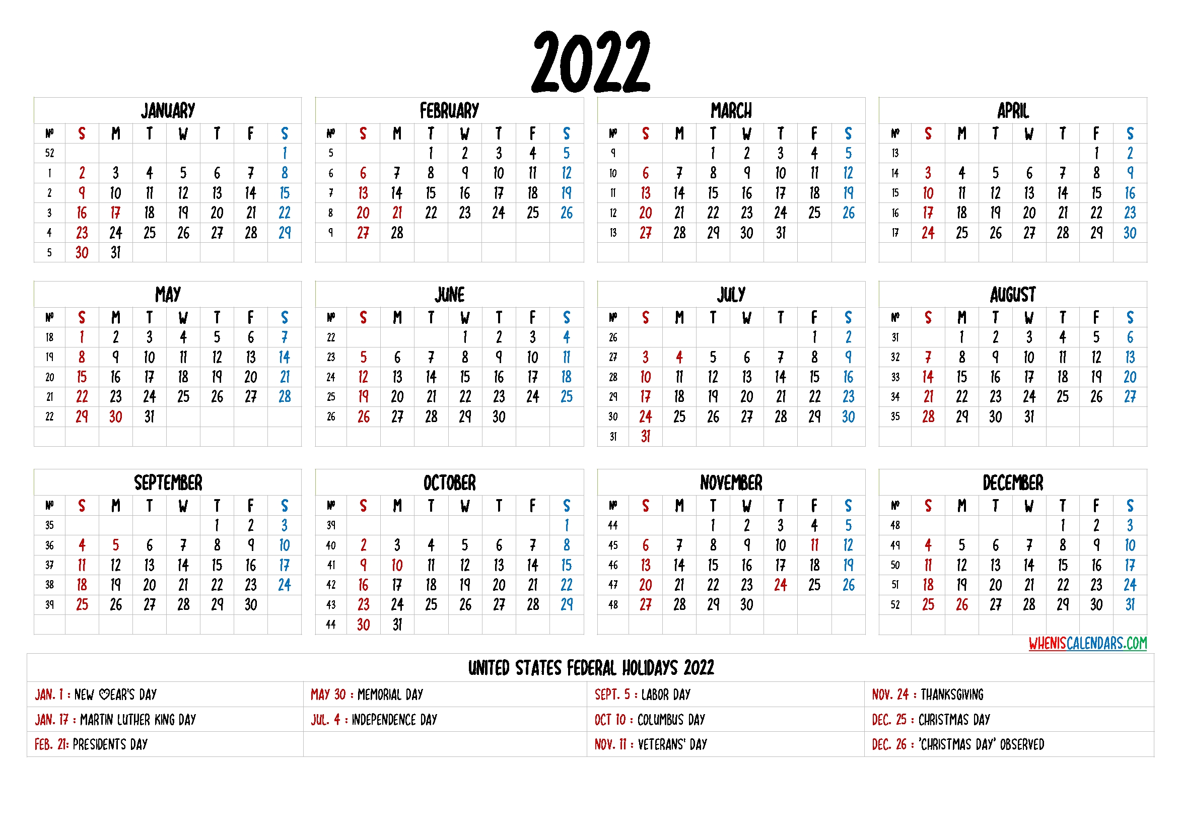 Free Printable 2022 Calendar - 6 Templates | Printable