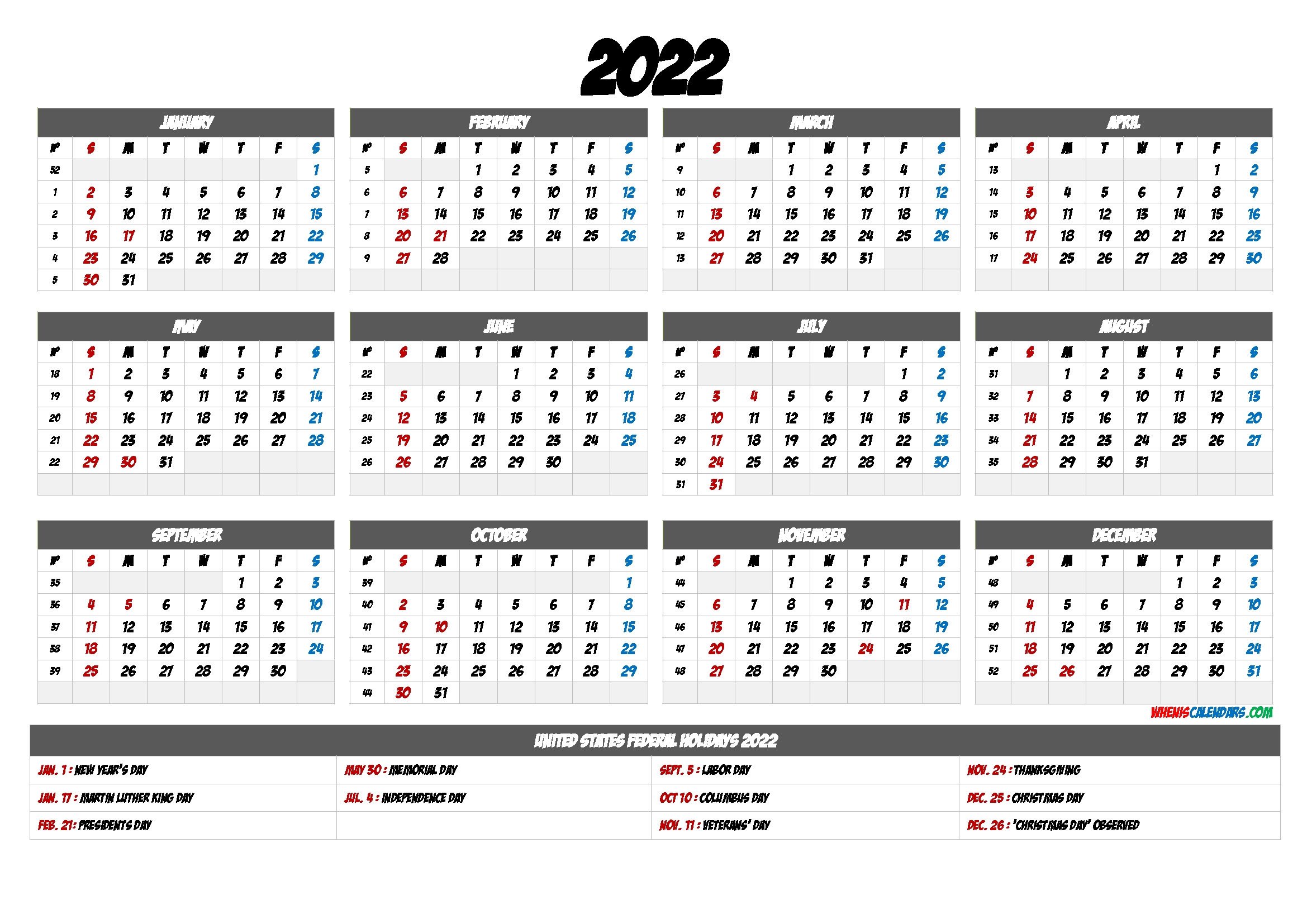 Free Printable 2022 Calendar With Holidays - 9 Templates