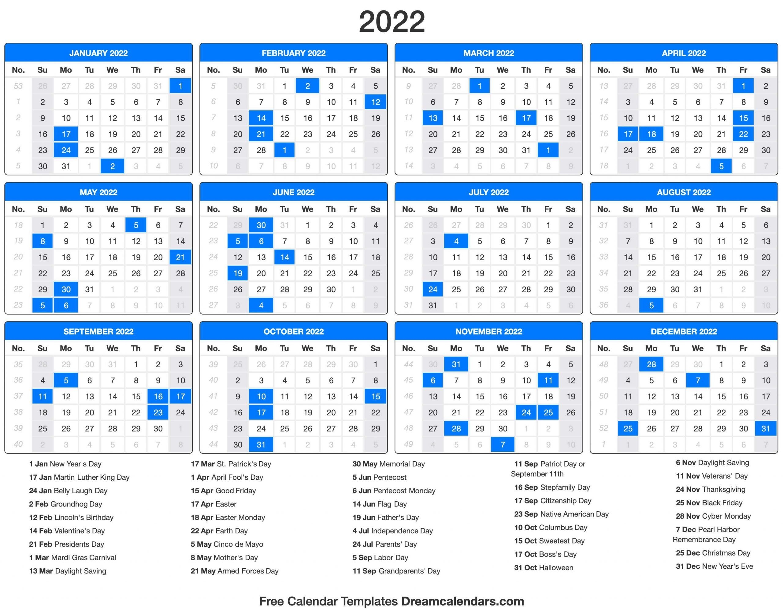 2022 Calendar With Holidays List