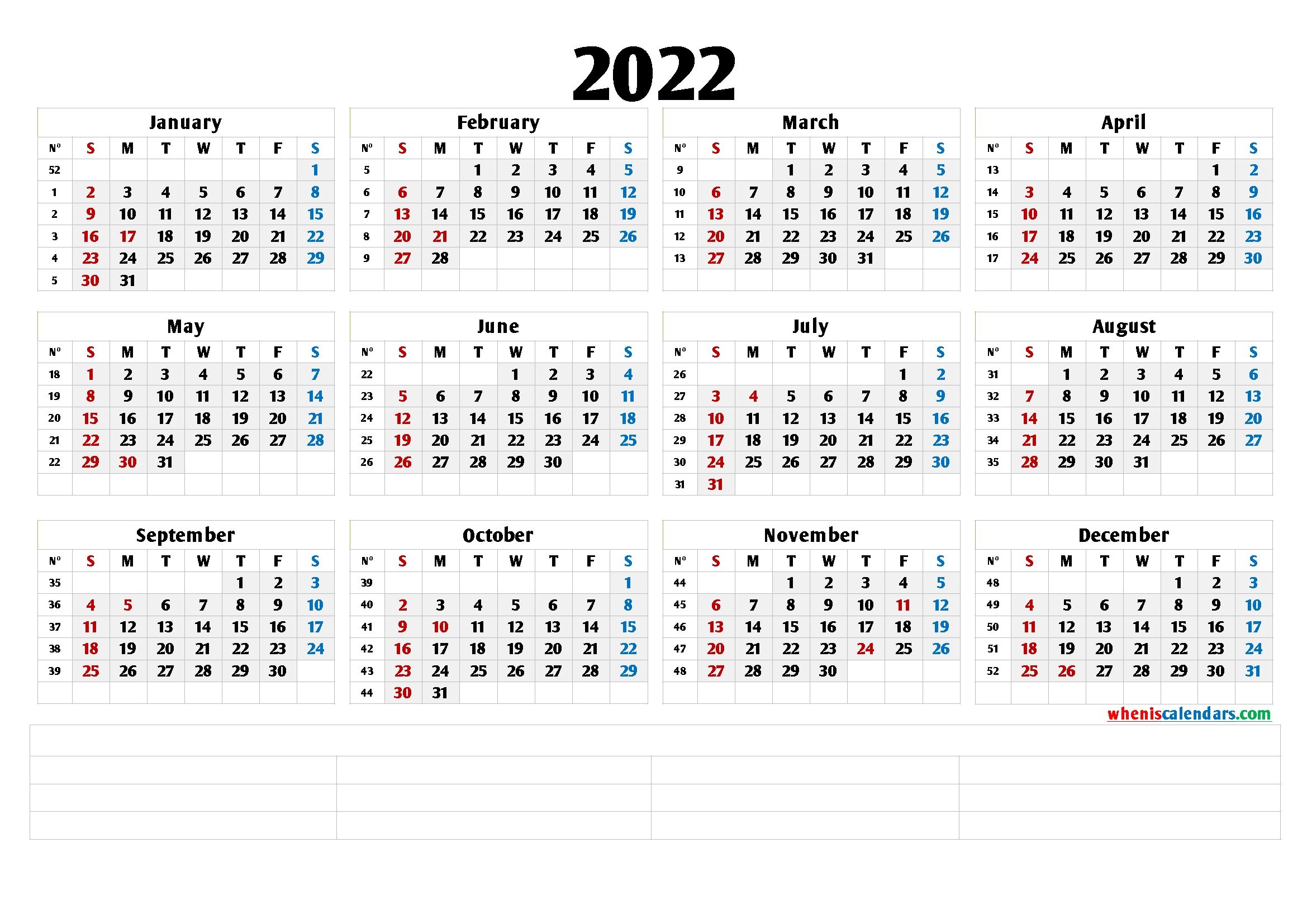 Free Printable 2022 Yearly Calendar - Calendraex