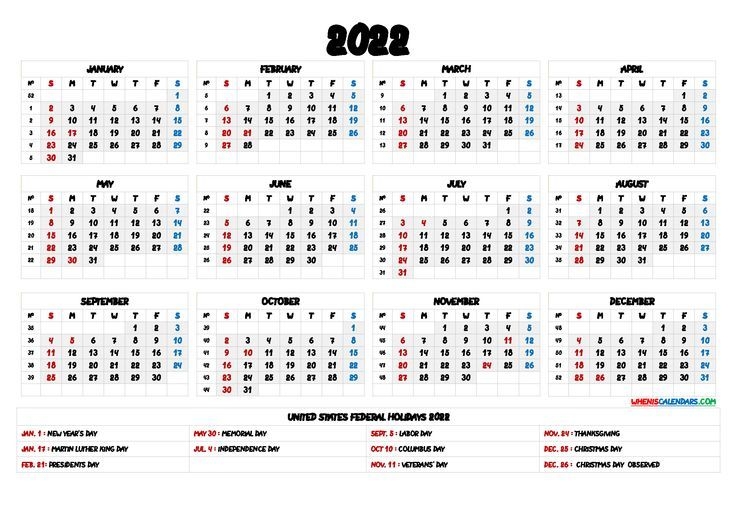 Free Printable 2022 Yearly Calendar With Holidays - 6