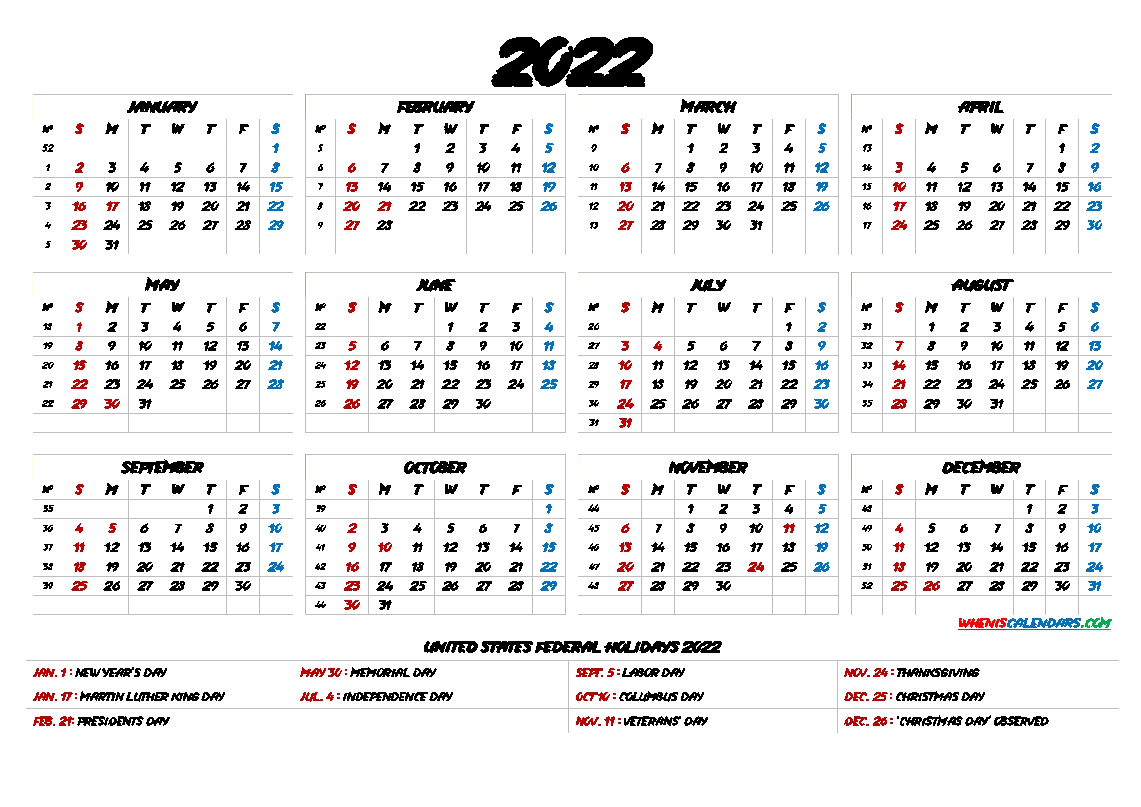 Free Printable 2022 Yearly Calendar With Holidays - 9