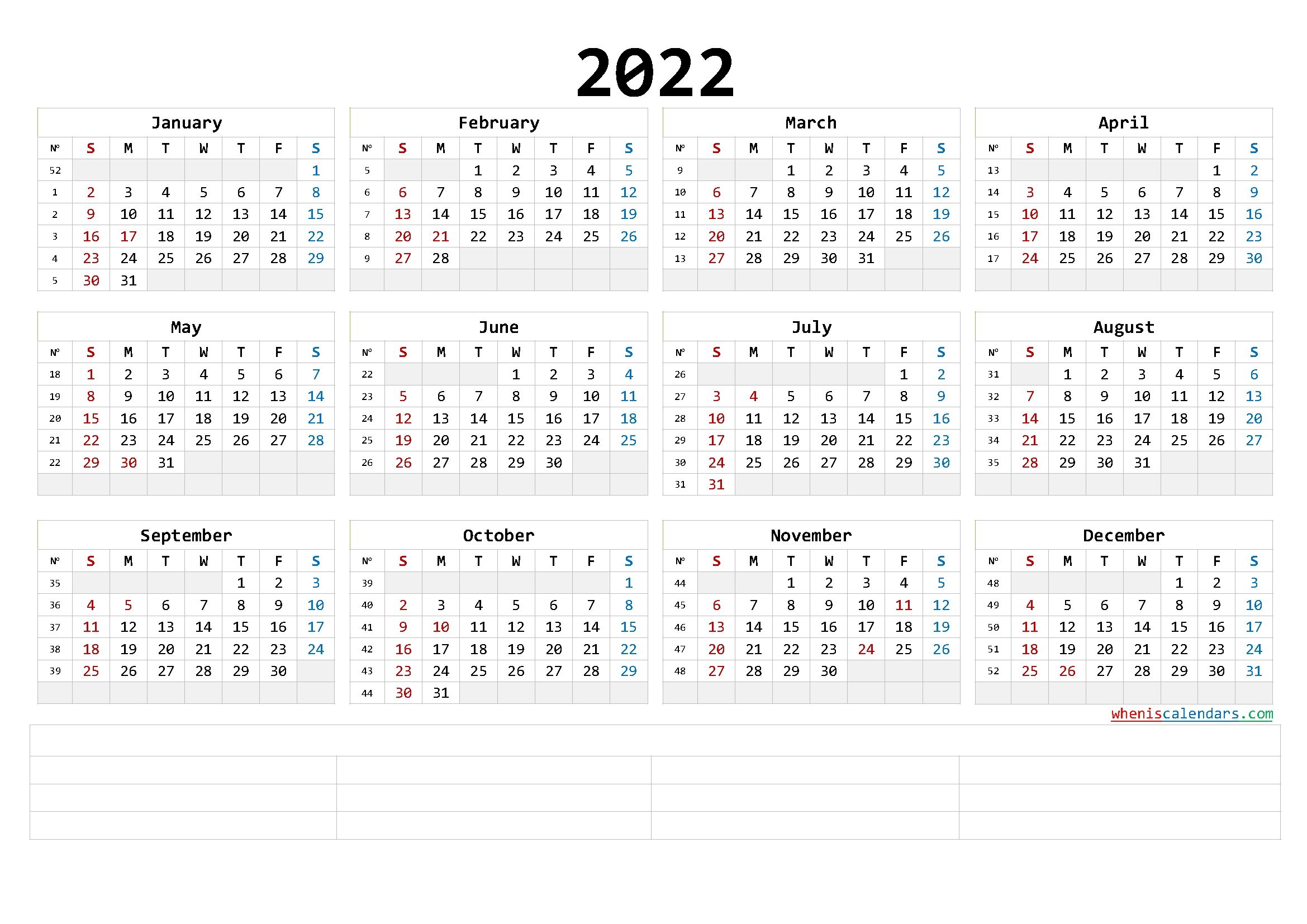 Free Printable 2022 Yearly Calendar With Week Numbers