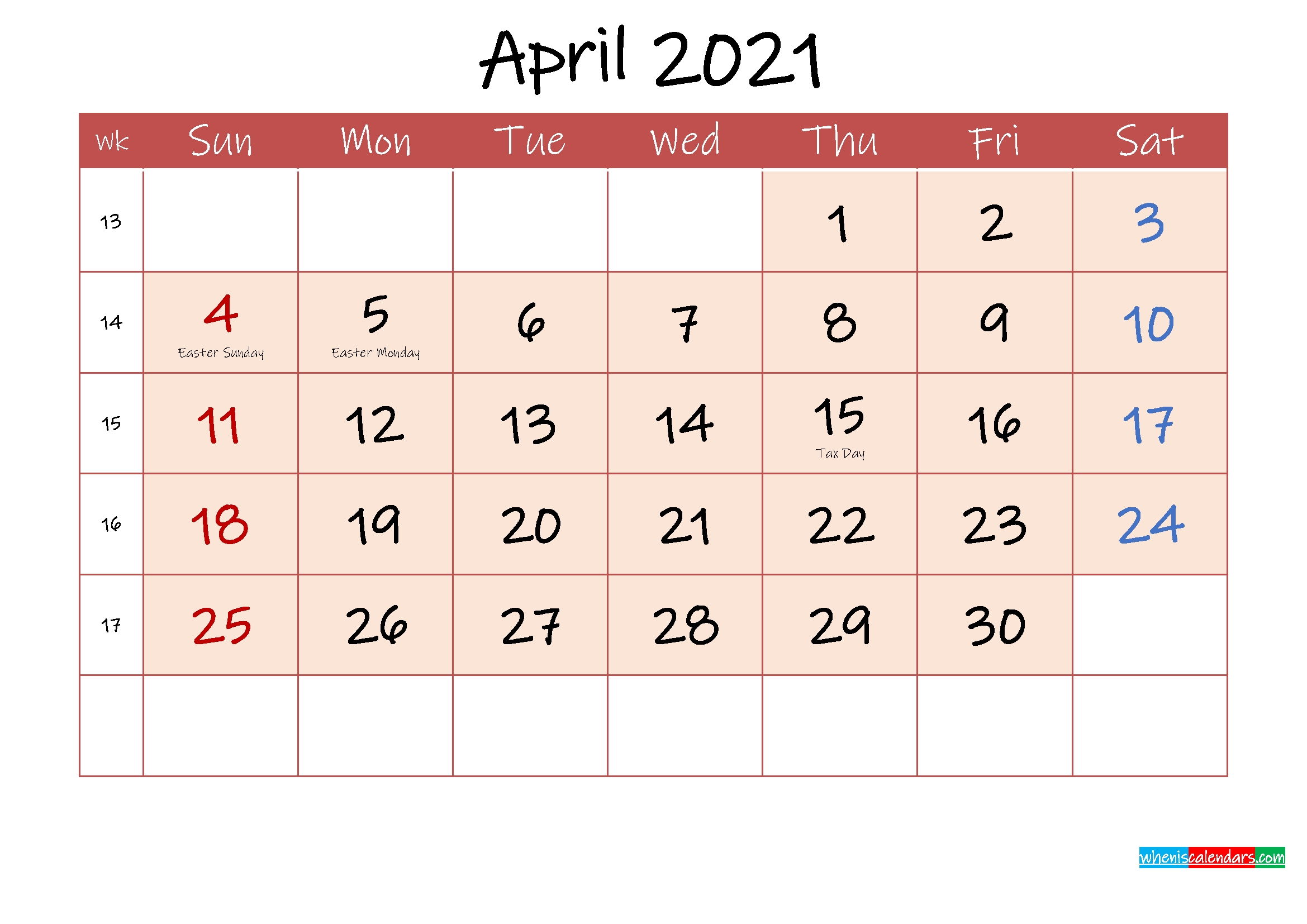 Free Printable April 2021 Calendar With Holidays