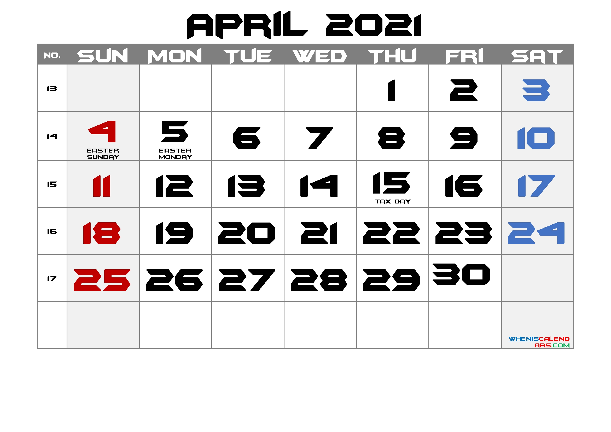 Free Printable April 2021 Calendar