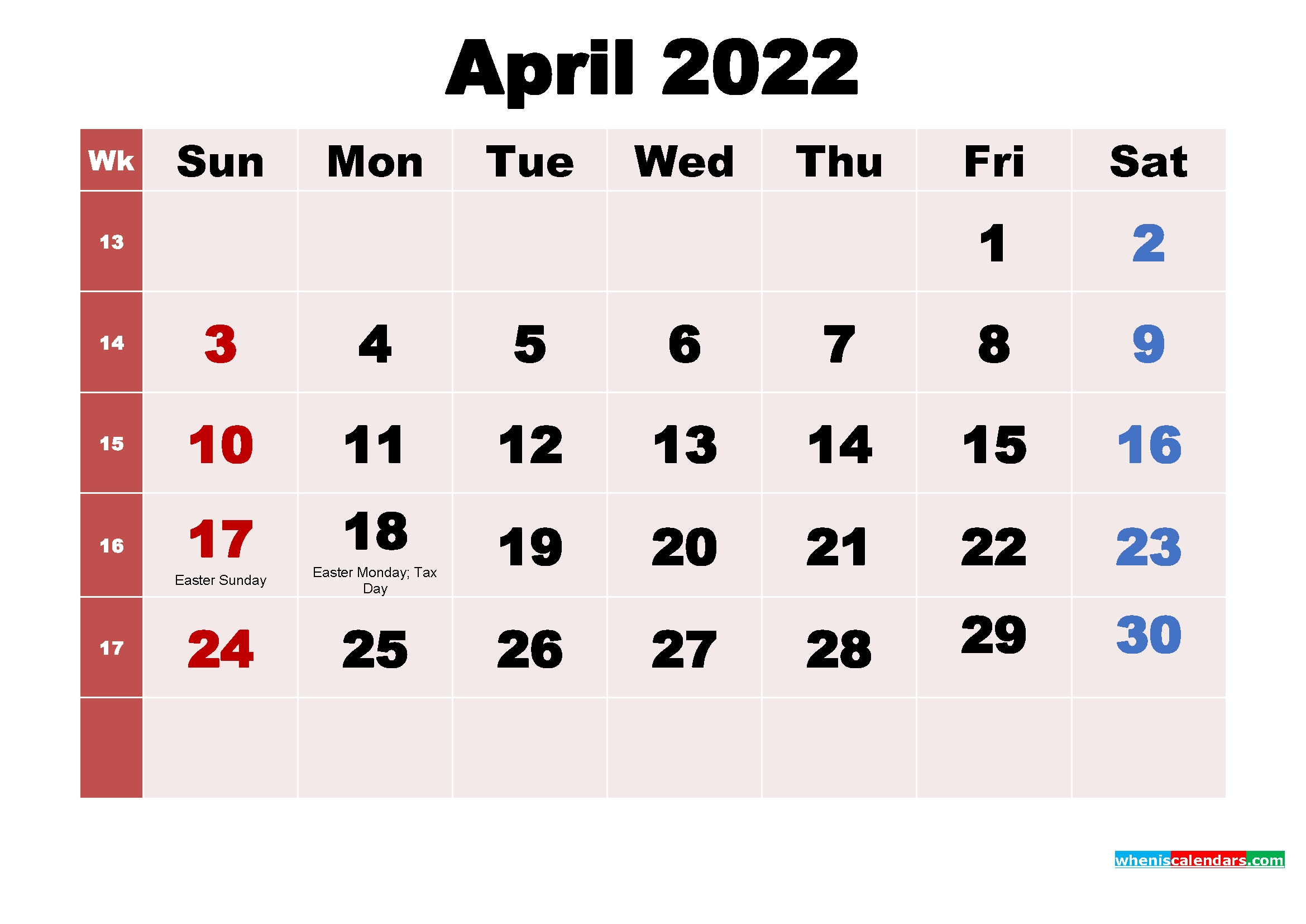 Free Printable April 2022 Calendar With Holidays As Word