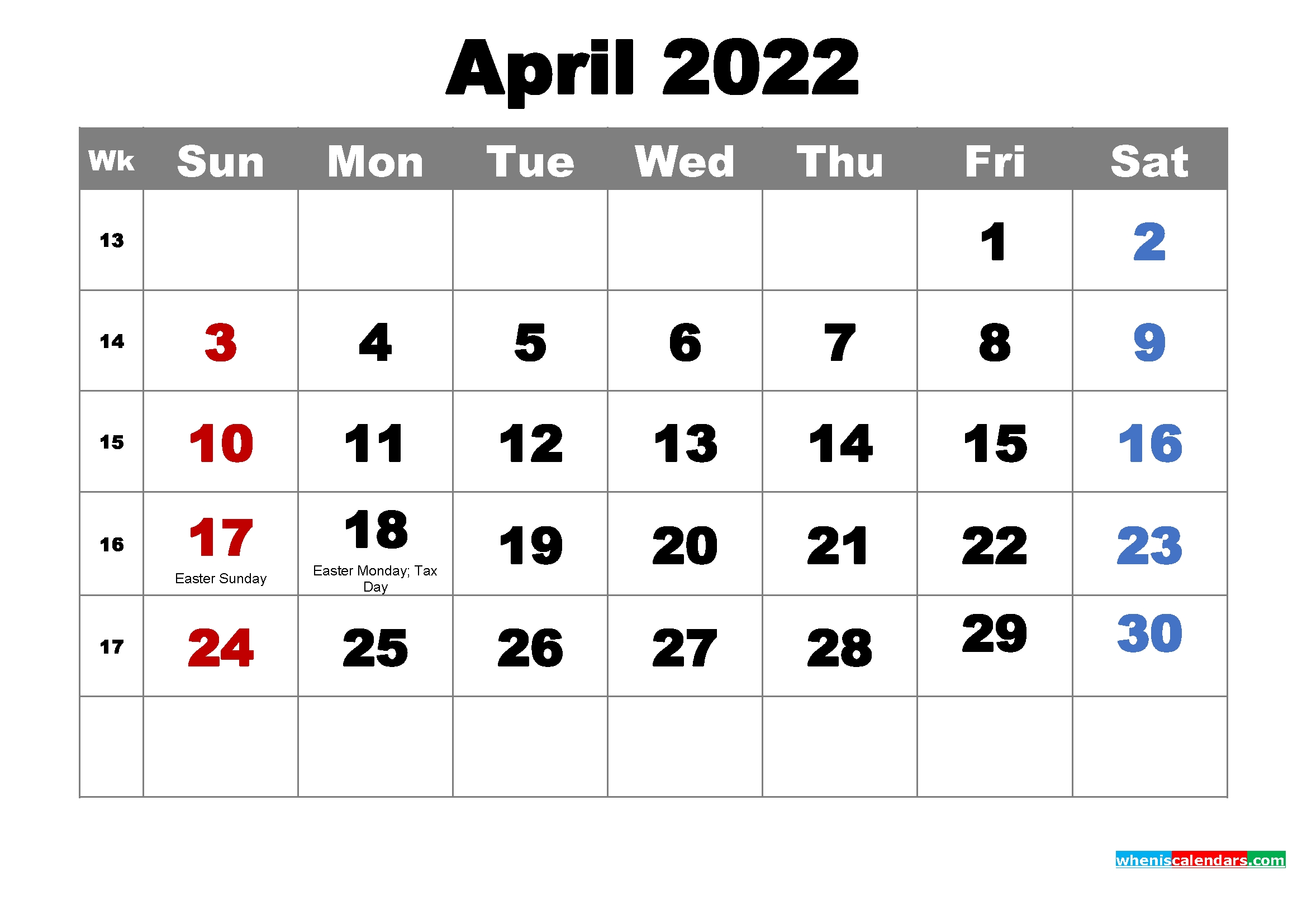 Free Printable April 2022 Calendar With Holidays As Word