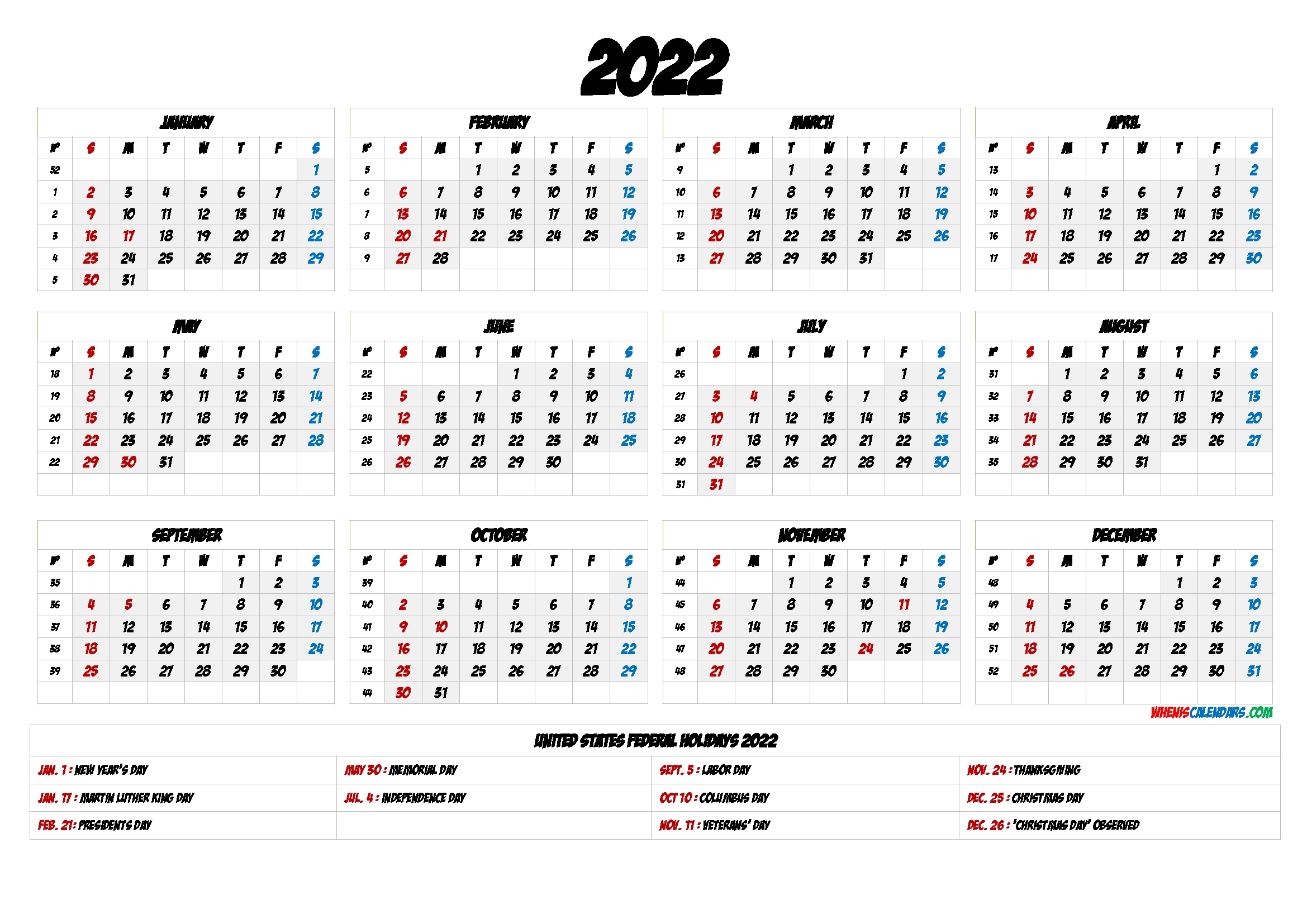 Free Printable Calendar 2022 With Holidays | Printable