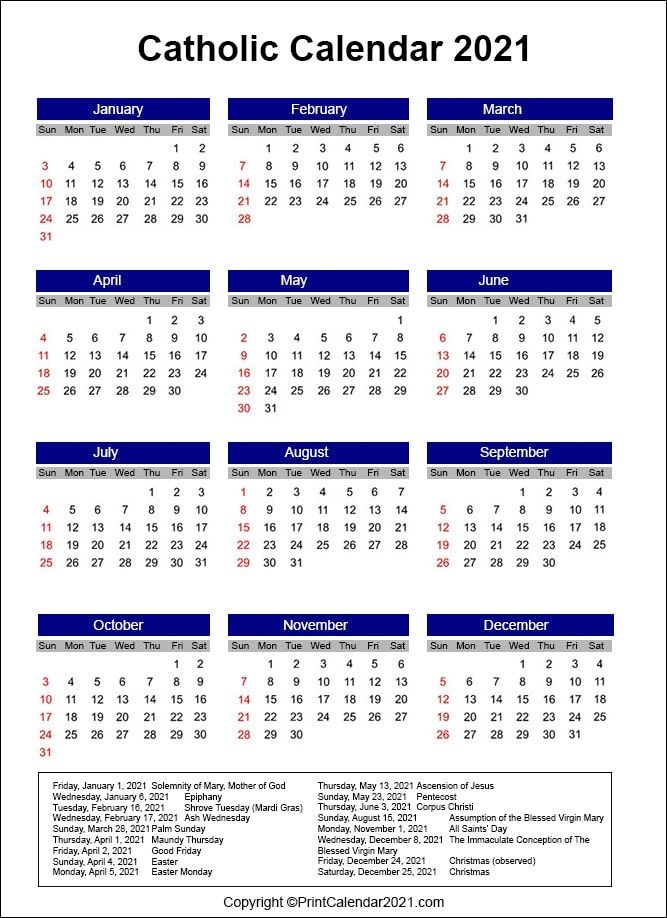 Free Printable Catholic Calendar 2021 / Free Printable