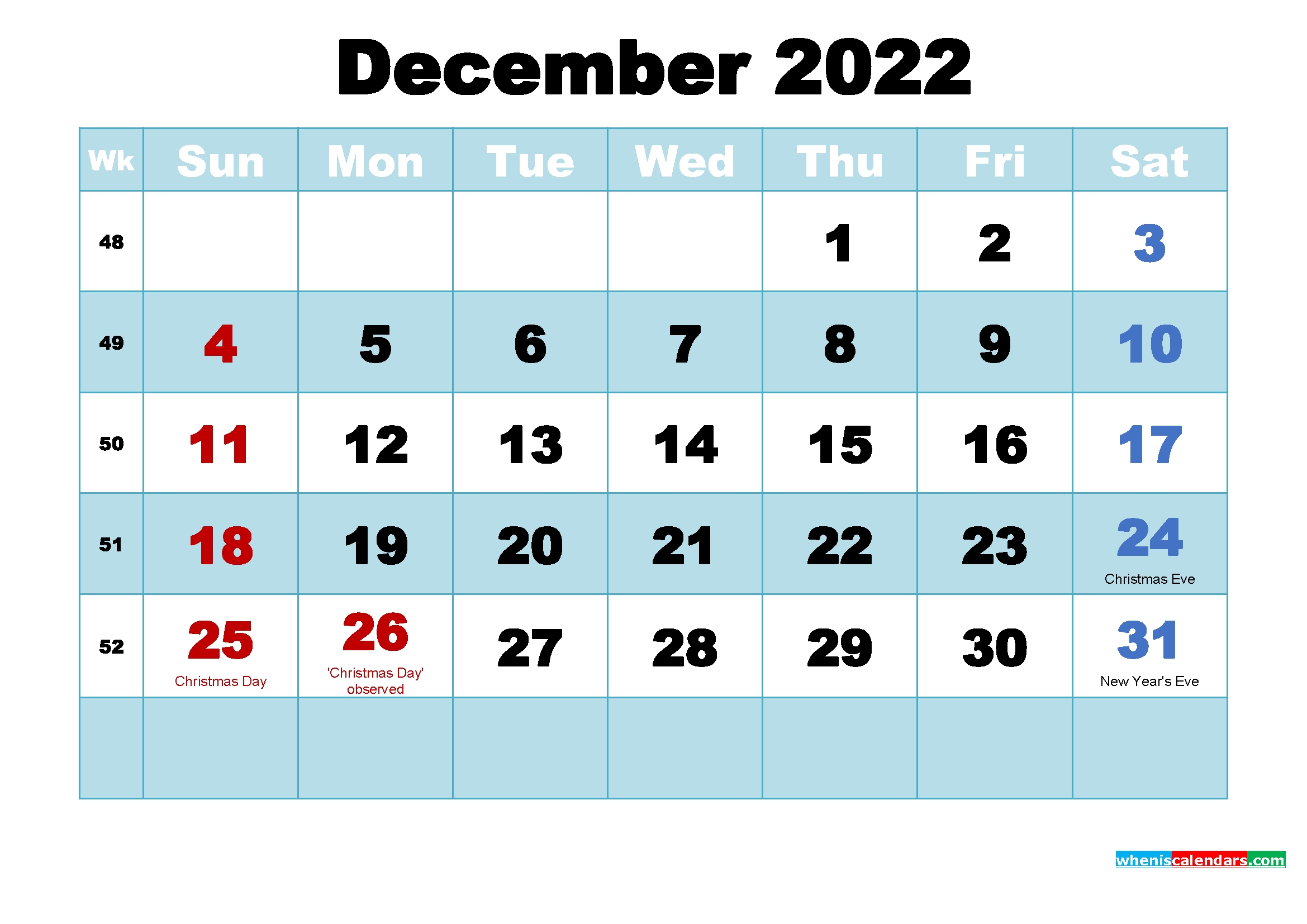 Free Printable December 2022 Calendar With Holidays As