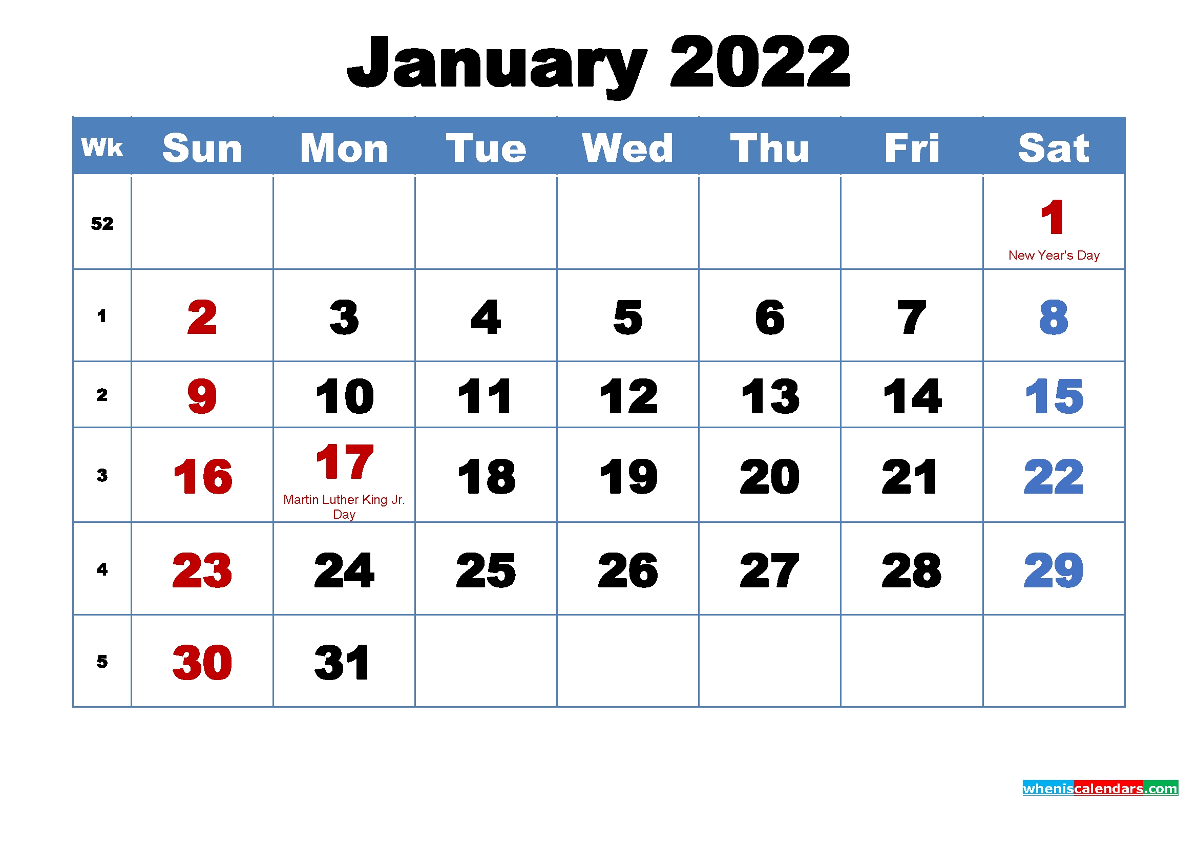 Free Printable January 2022 Calendar With Holidays