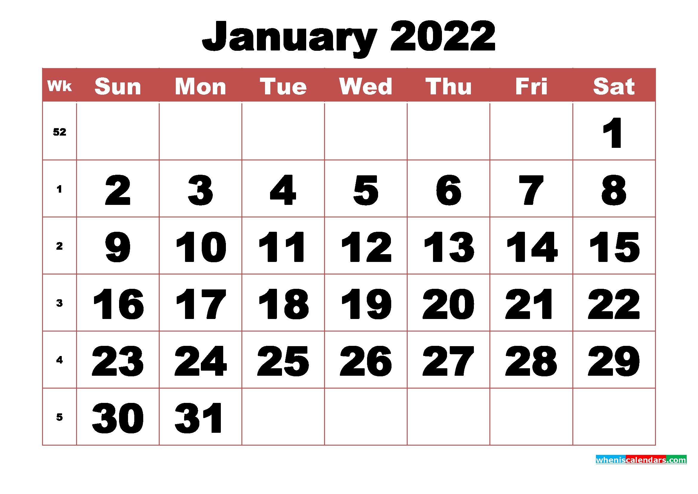 Free Printable January 2022 Calendar With Week Numbers