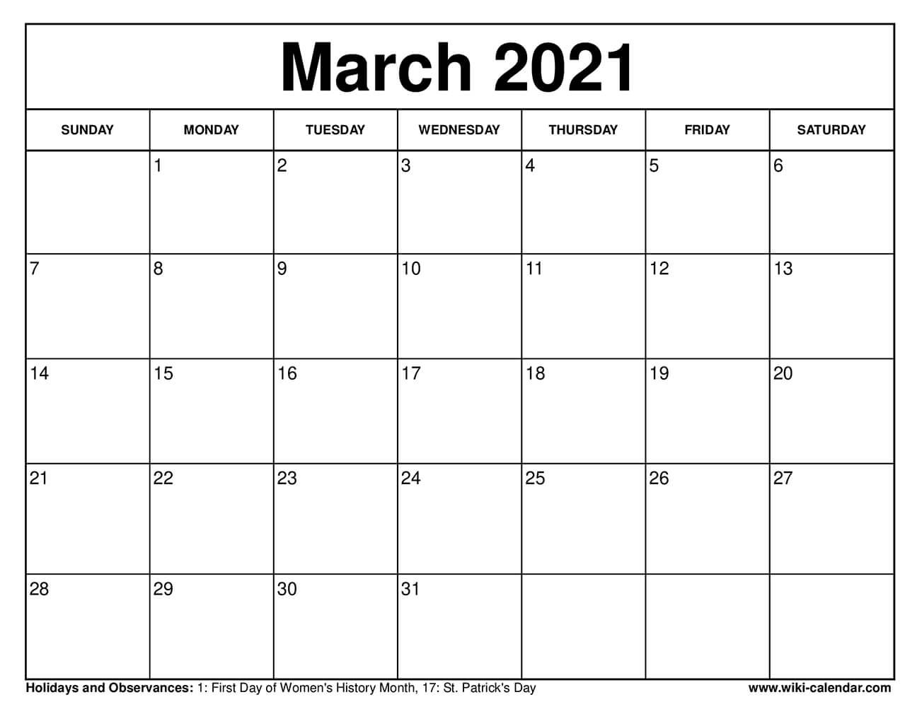 Free Printable March 2021 Calendar With Holidays Pdf