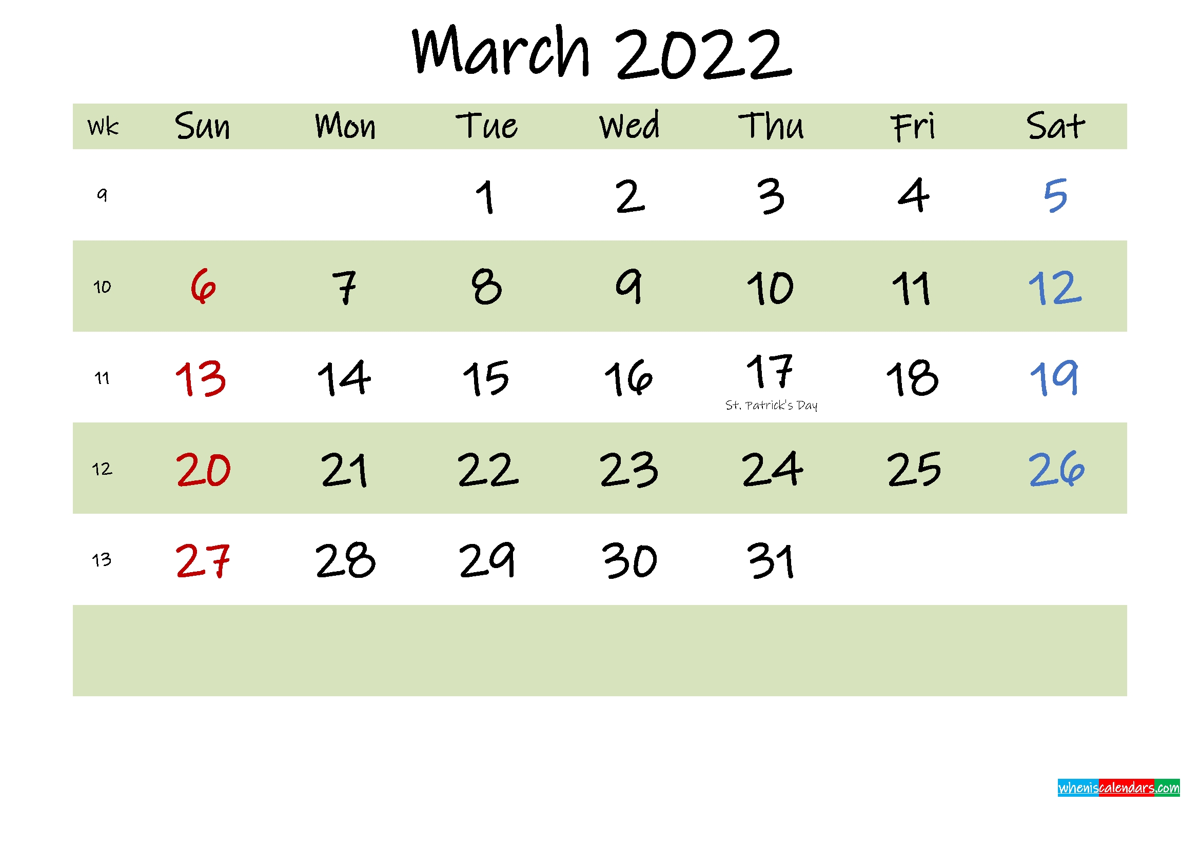 Free Printable March 2022 Calendar With Holidays