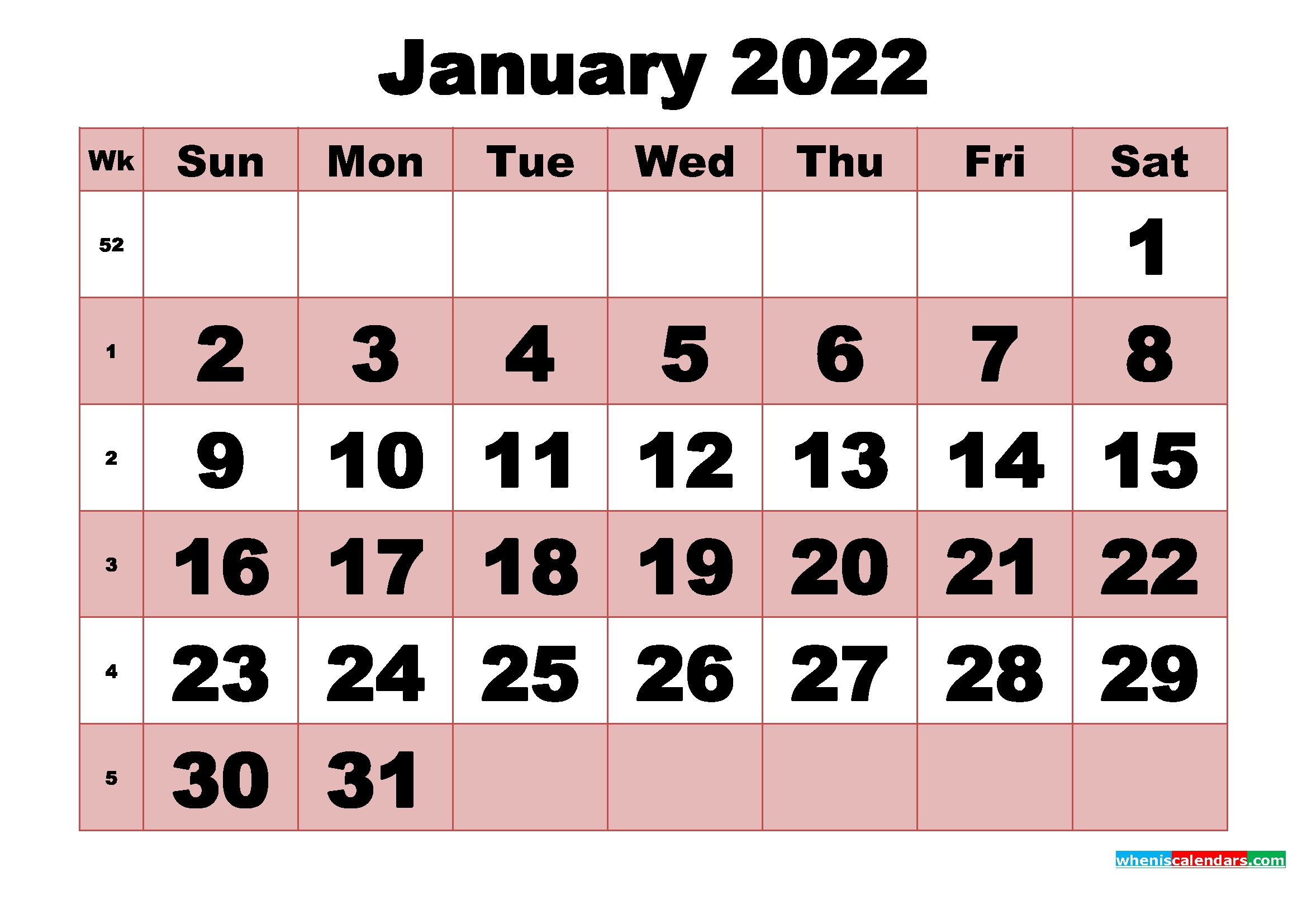 Free Printable Monthly Calendar January 2022 | Free