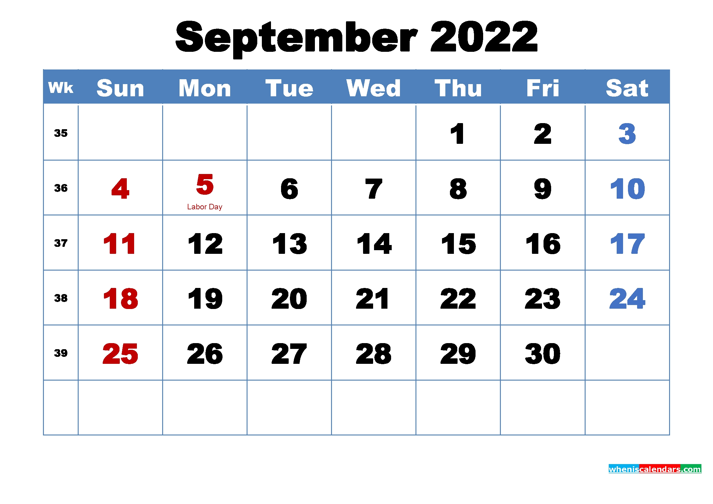 Free Printable September 2022 Calendar With Holidays