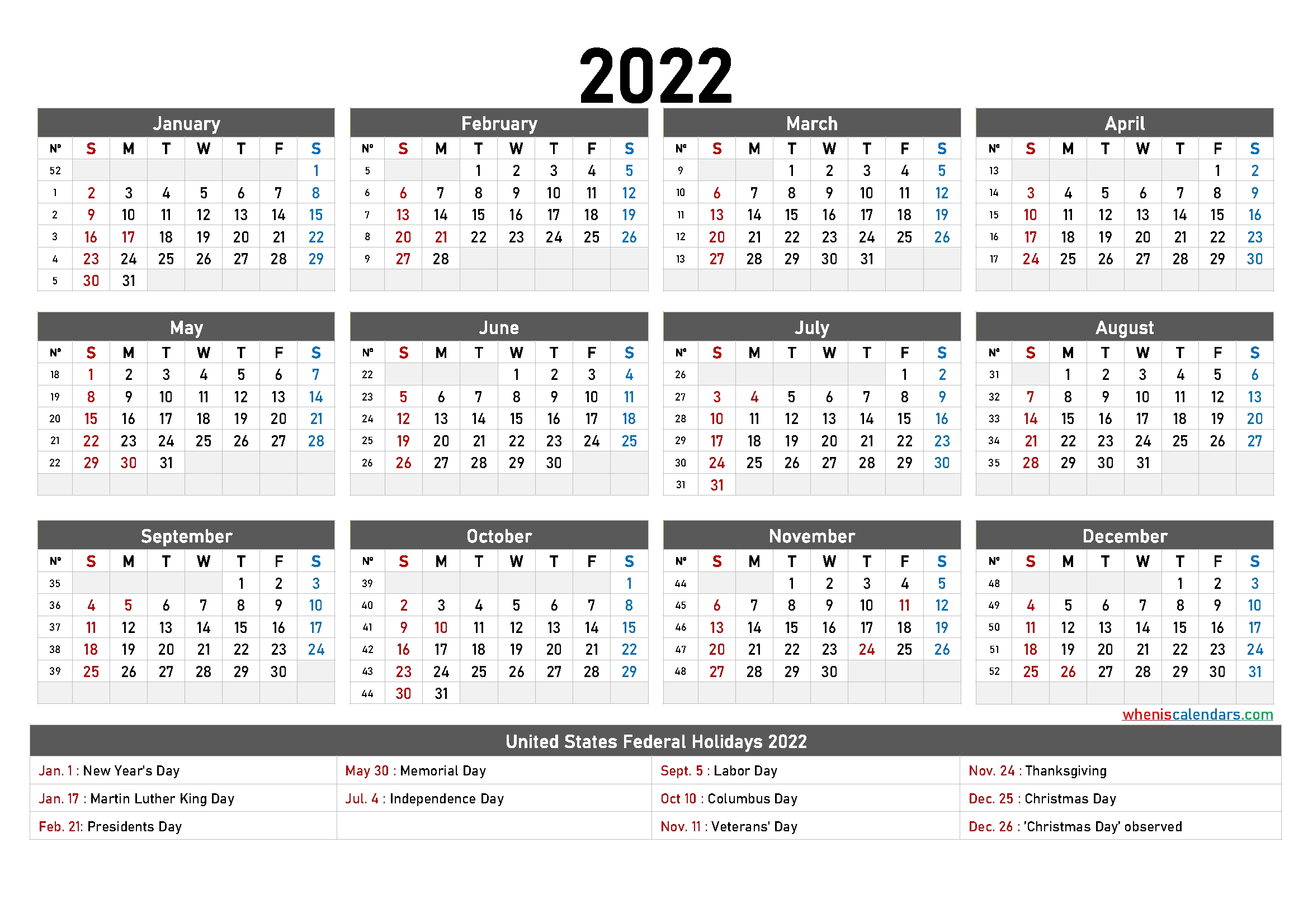 Universal Annual Calendar Template 2022