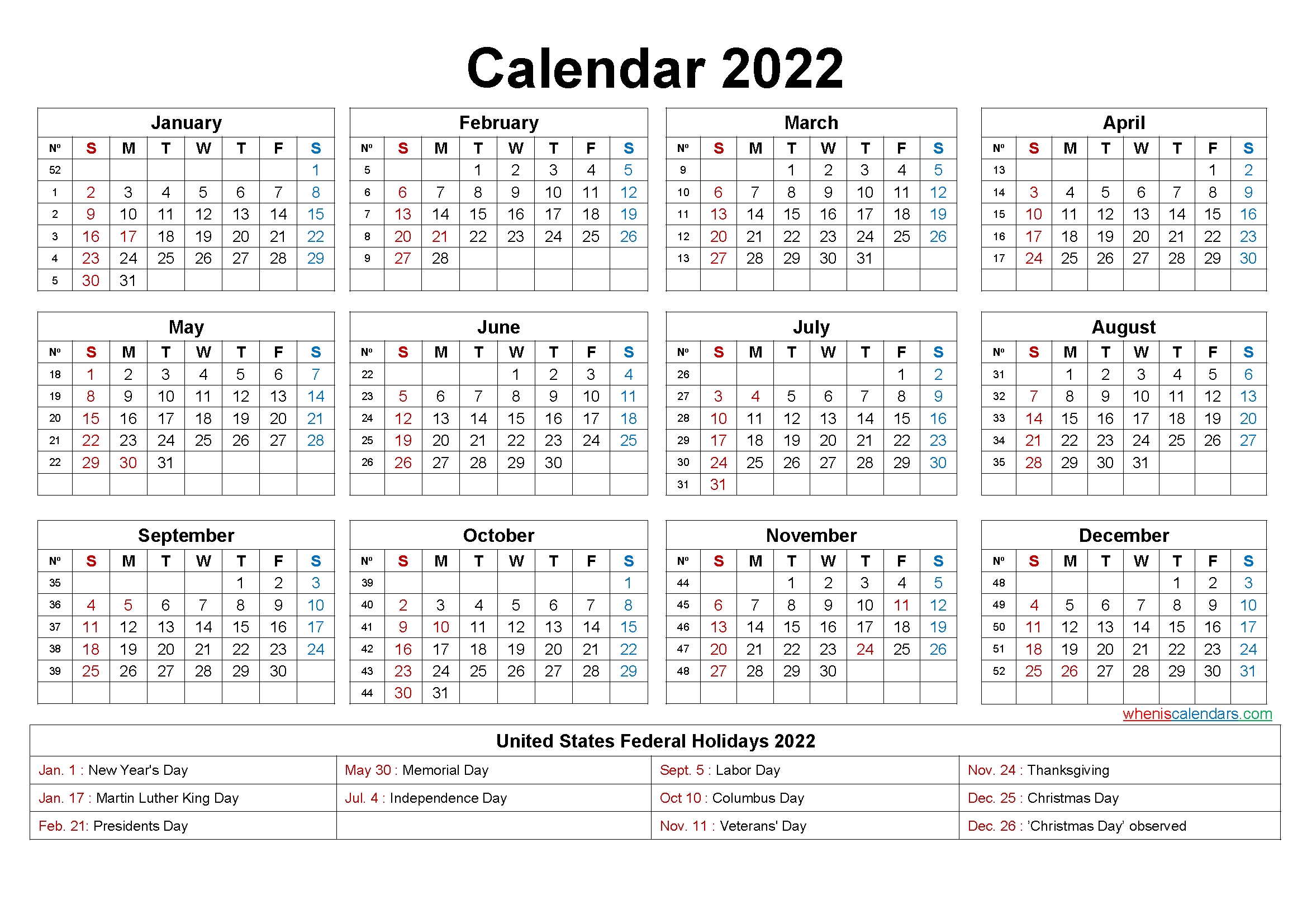 Free Yearly 2022 Calendar With Holidays Word, Pdf