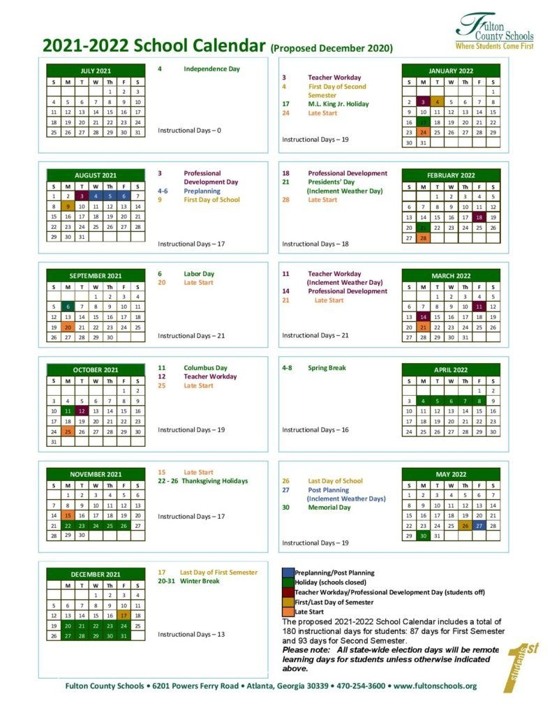 Fulton County School Calendar 2021-2022 In Pdf