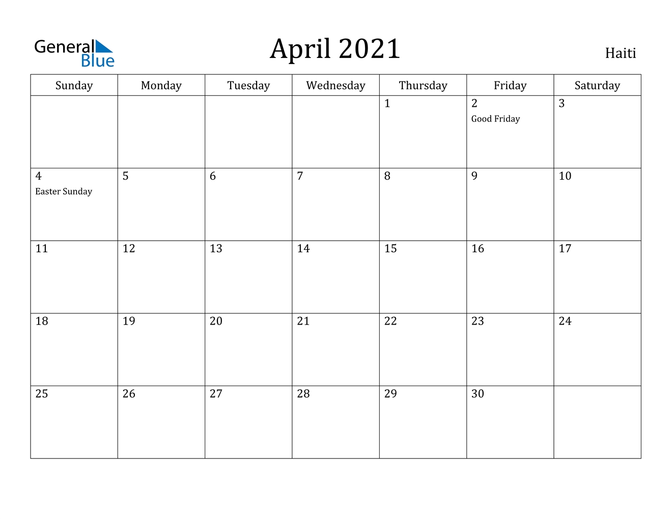 Haiti April 2021 Calendar With Holidays