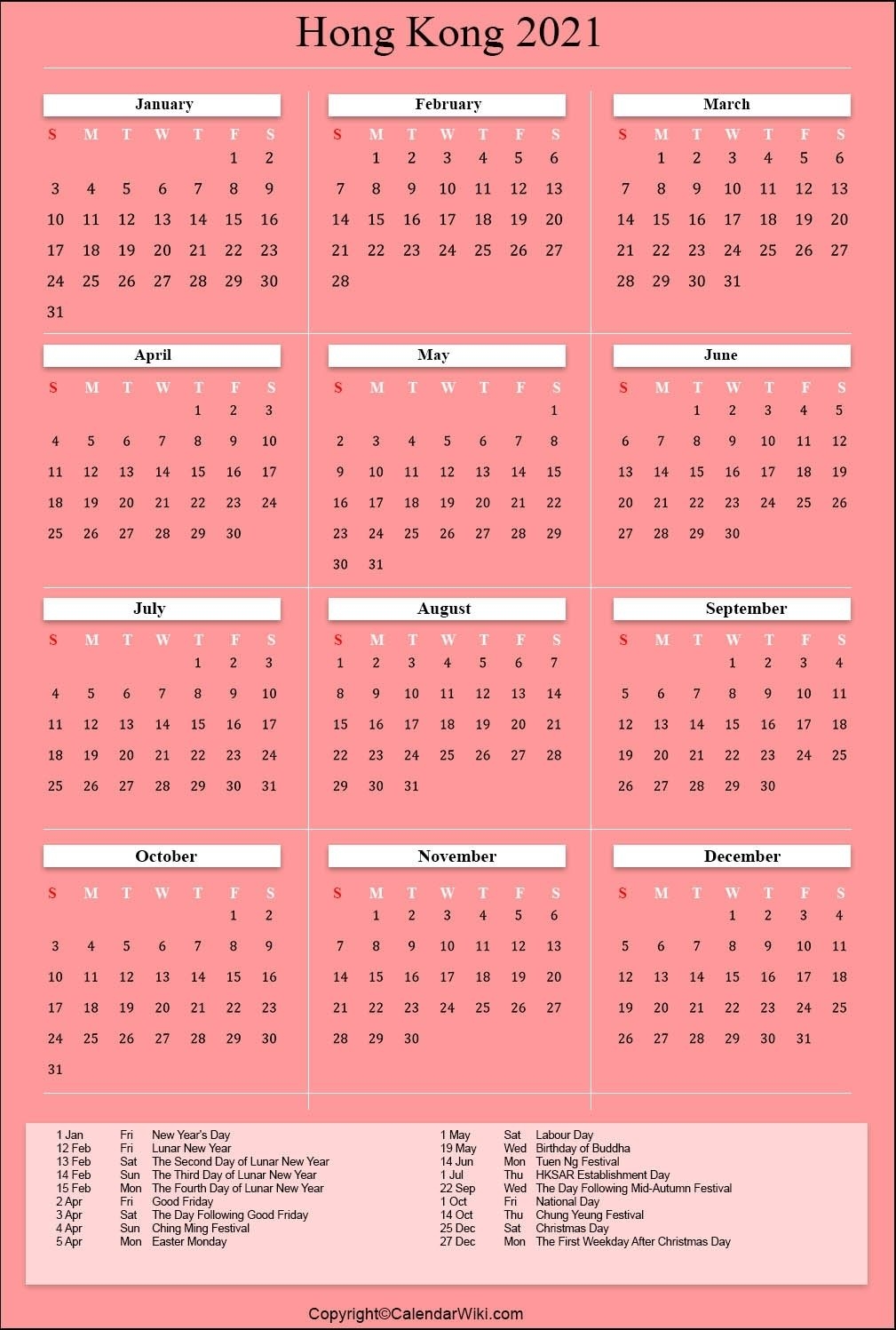 Hong Kong Calendar 2021 | Month Calendar Printable