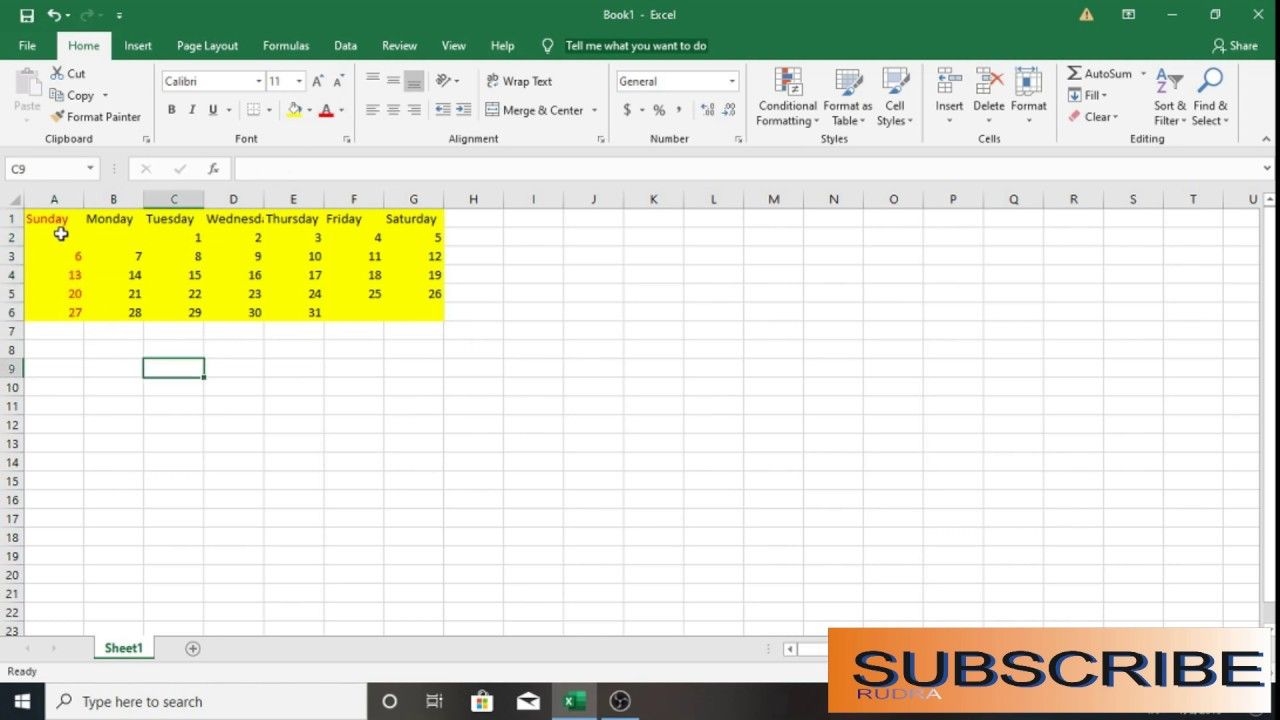 How To Create One Month Calendar In Excel - Youtube