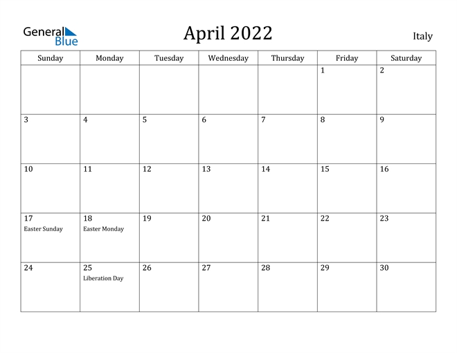 Italy April 2022 Calendar With Holidays