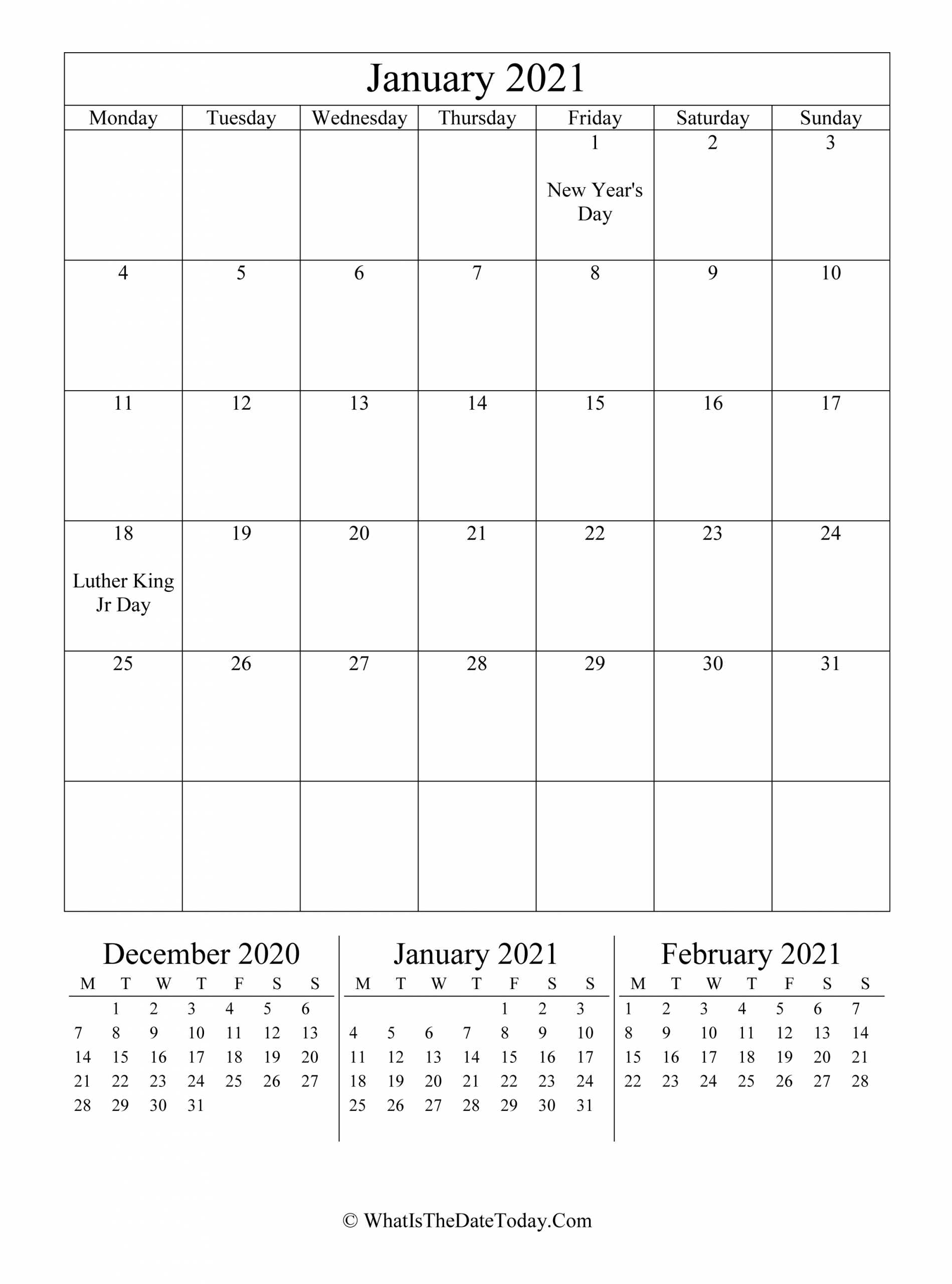 January 2021 Editable Calendar (Vertical Layout