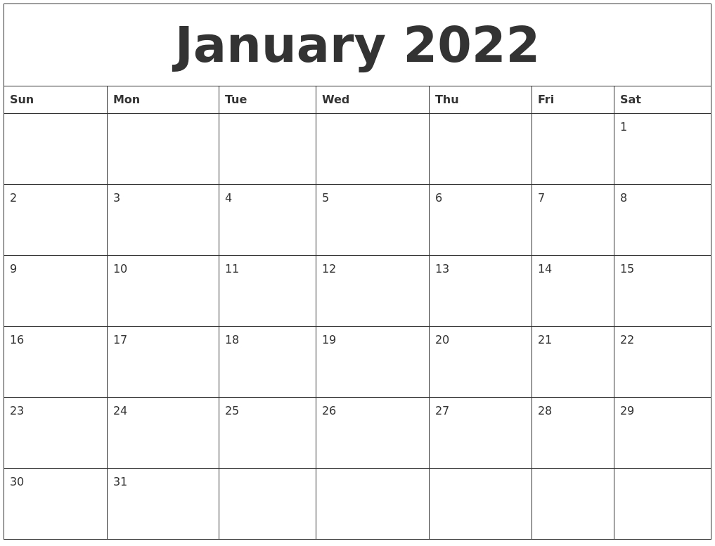 January 2022 Blank Monthly Calendar Template