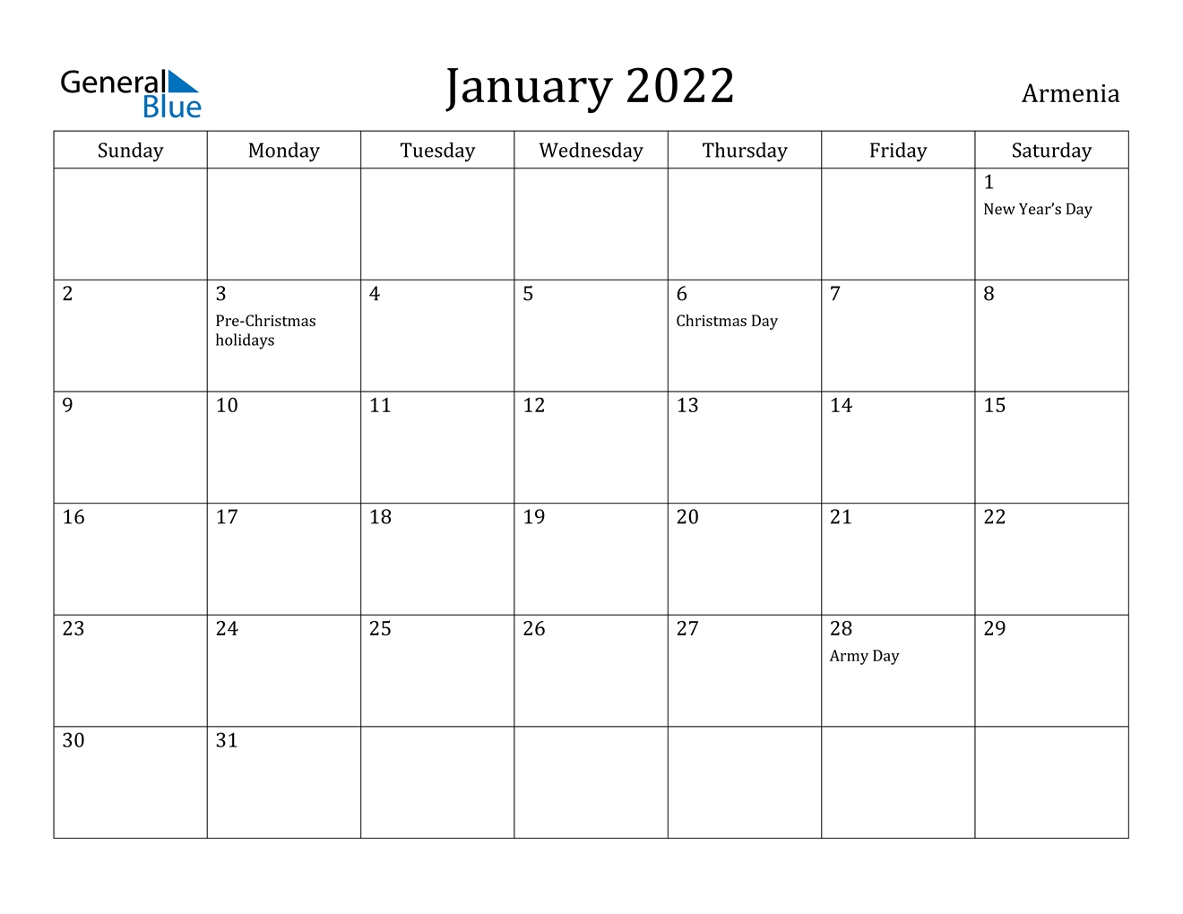 January 2022 Calendar - Armenia