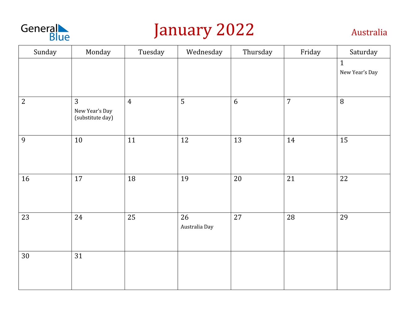 January 2022 Calendar - Australia