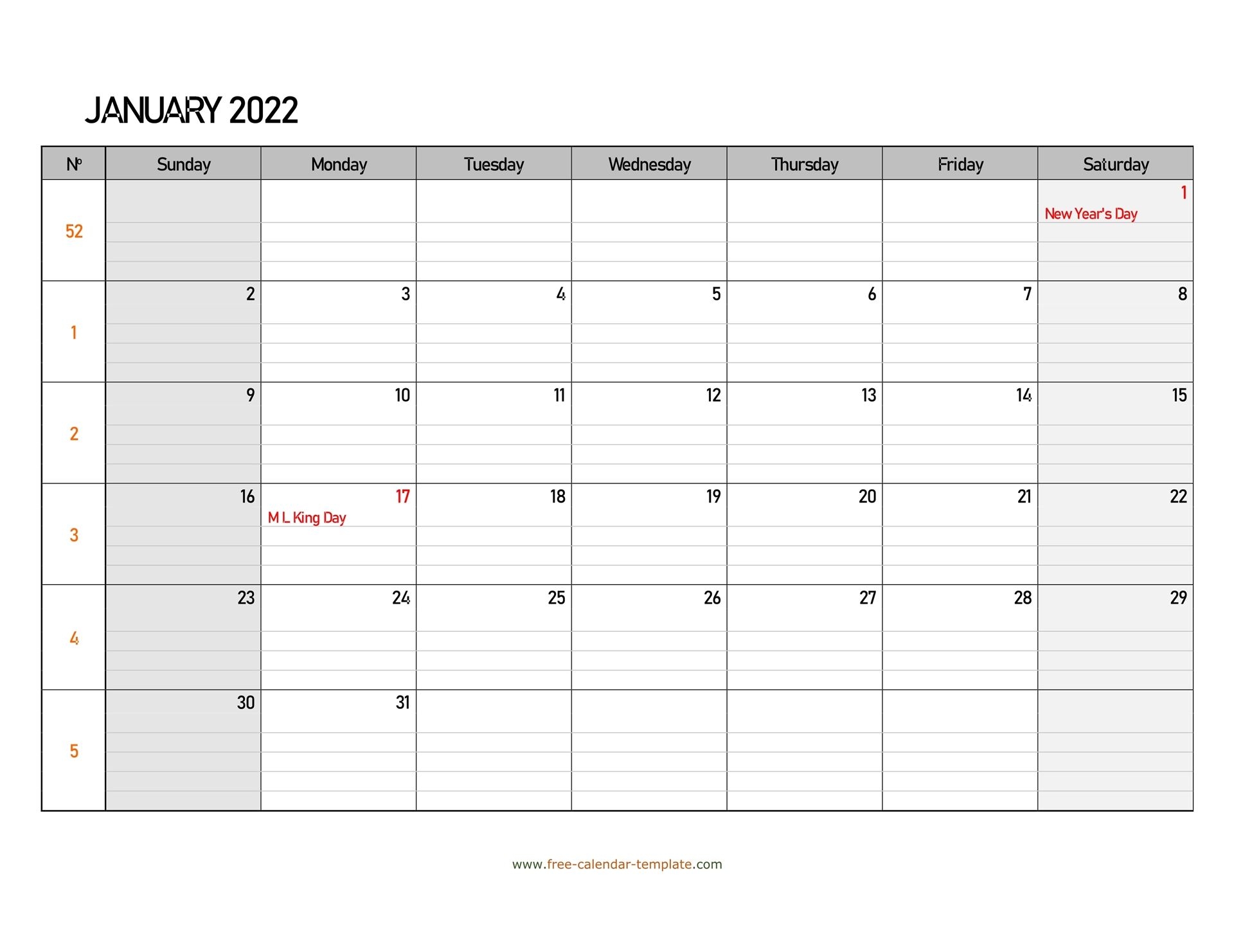 January 2022 Calendar Free Printable With Grid Lines