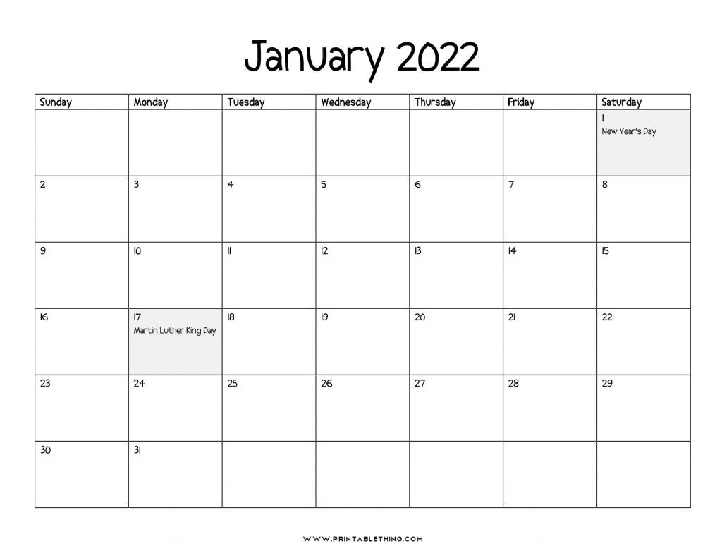 January 2022 Calendar Printable, Pdf, Us Holidays, January