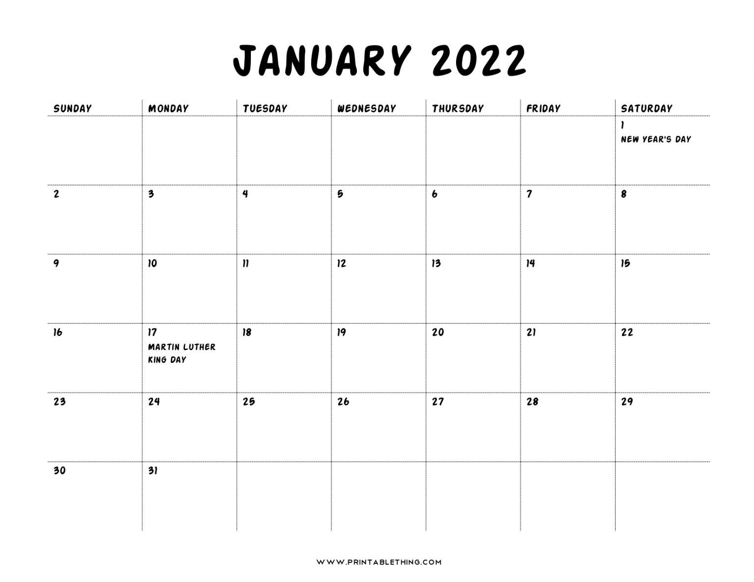January 2022 Calendar Printable, Pdf, Us Holidays, January