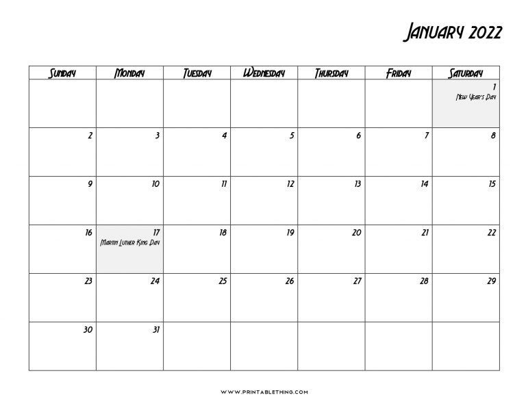 January 2022 Calendar Printable, Pdf, Us Holidays, January