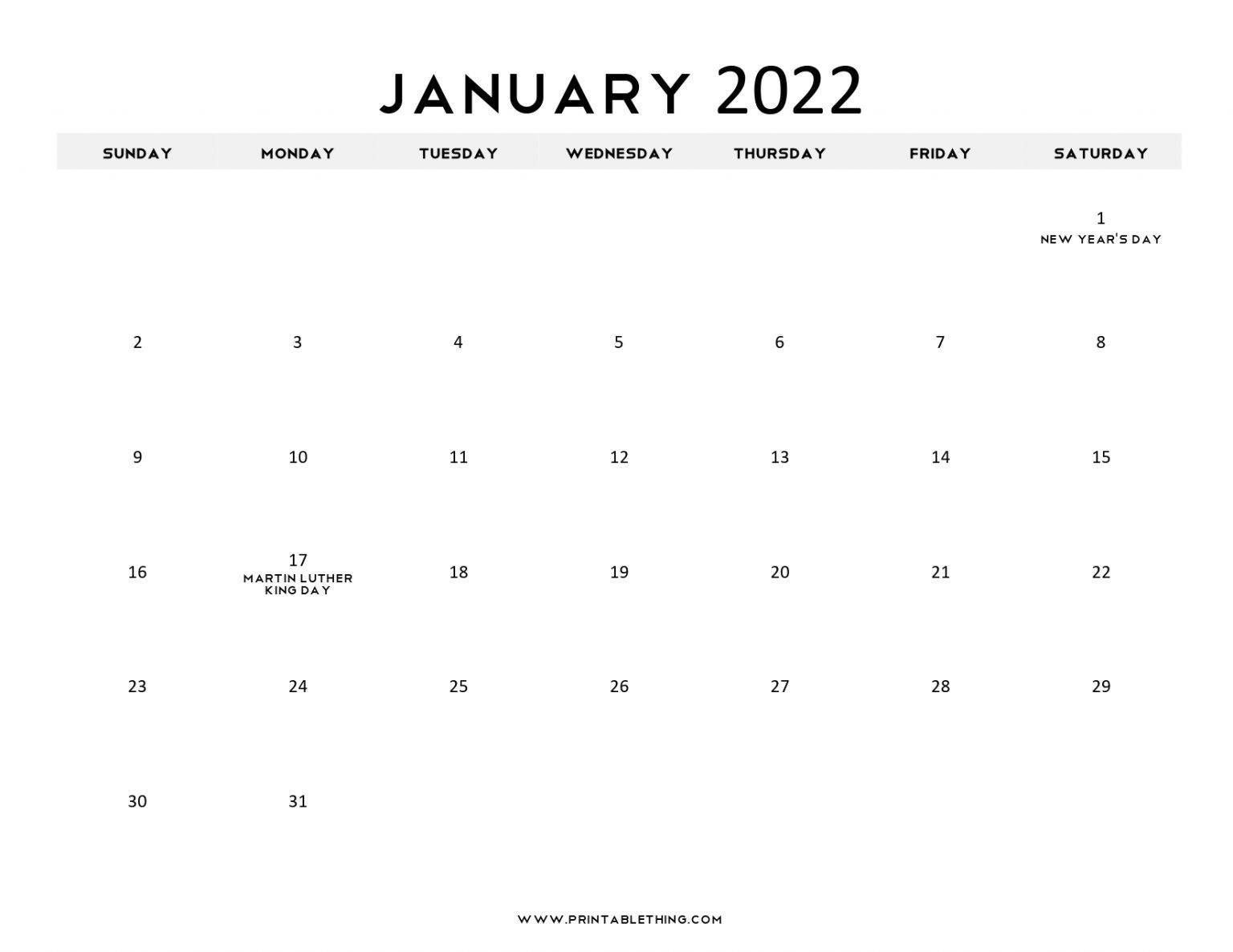 January 2022 Calendar Printable, Pdf, Us Holidays, January