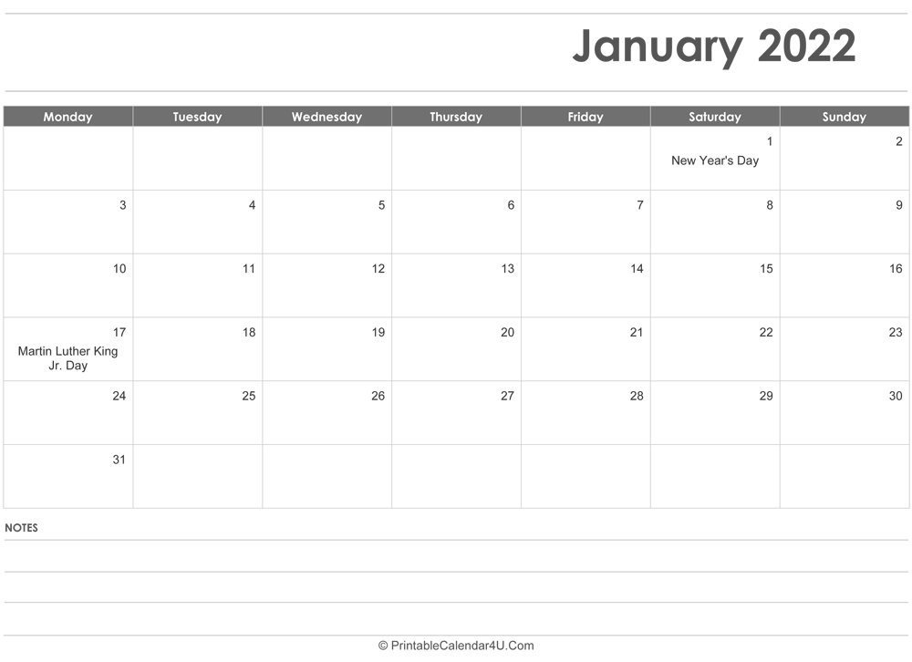 Free January 2022 Calendar Template Word