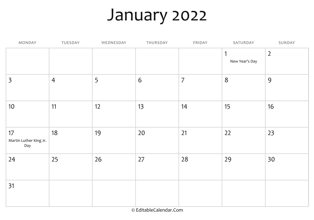 January 2022 Calendar With Holidays