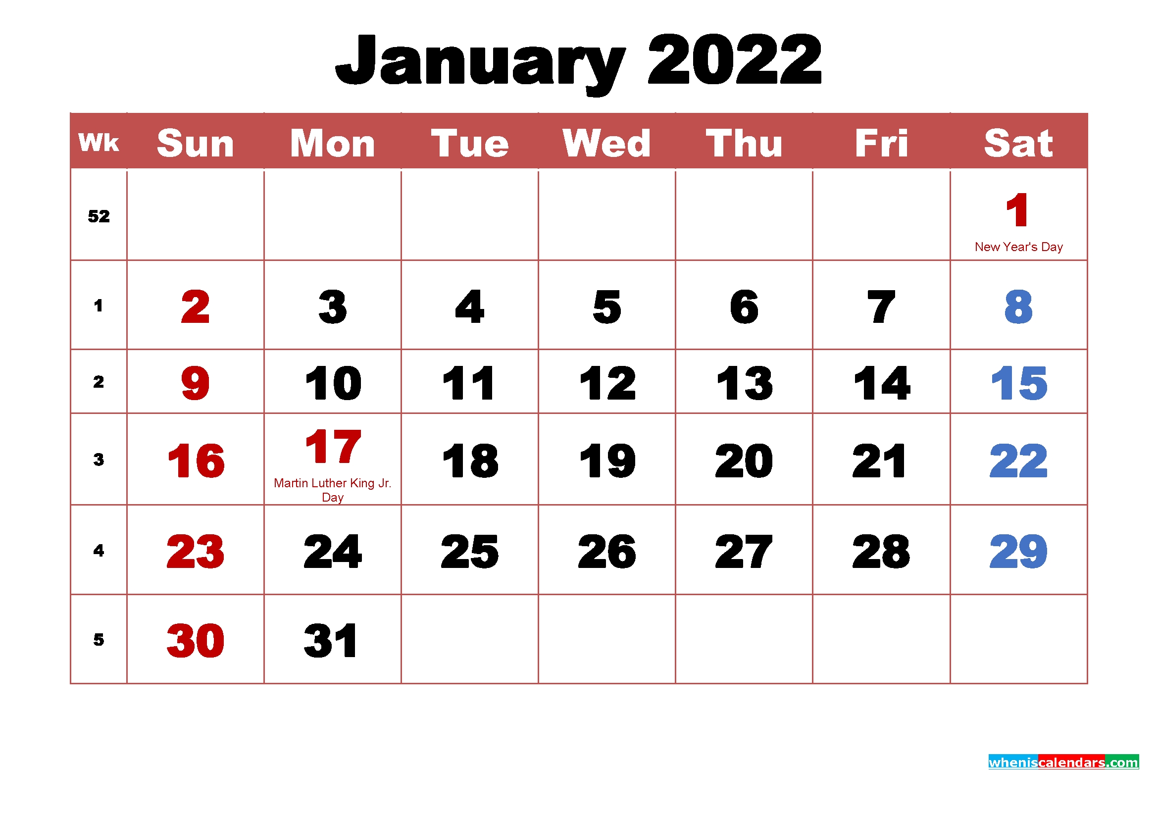 January 2022 Calendar With Holidays Printable - Free