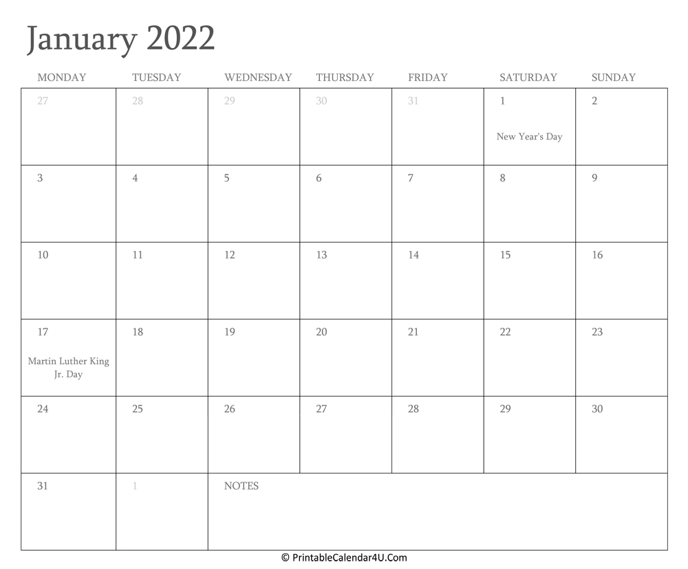 January 2022 Calendar With Holidays