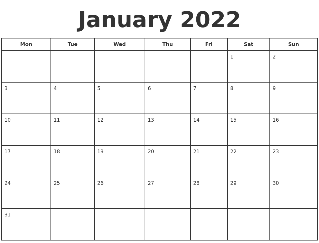 January 2022 Print A Calendar