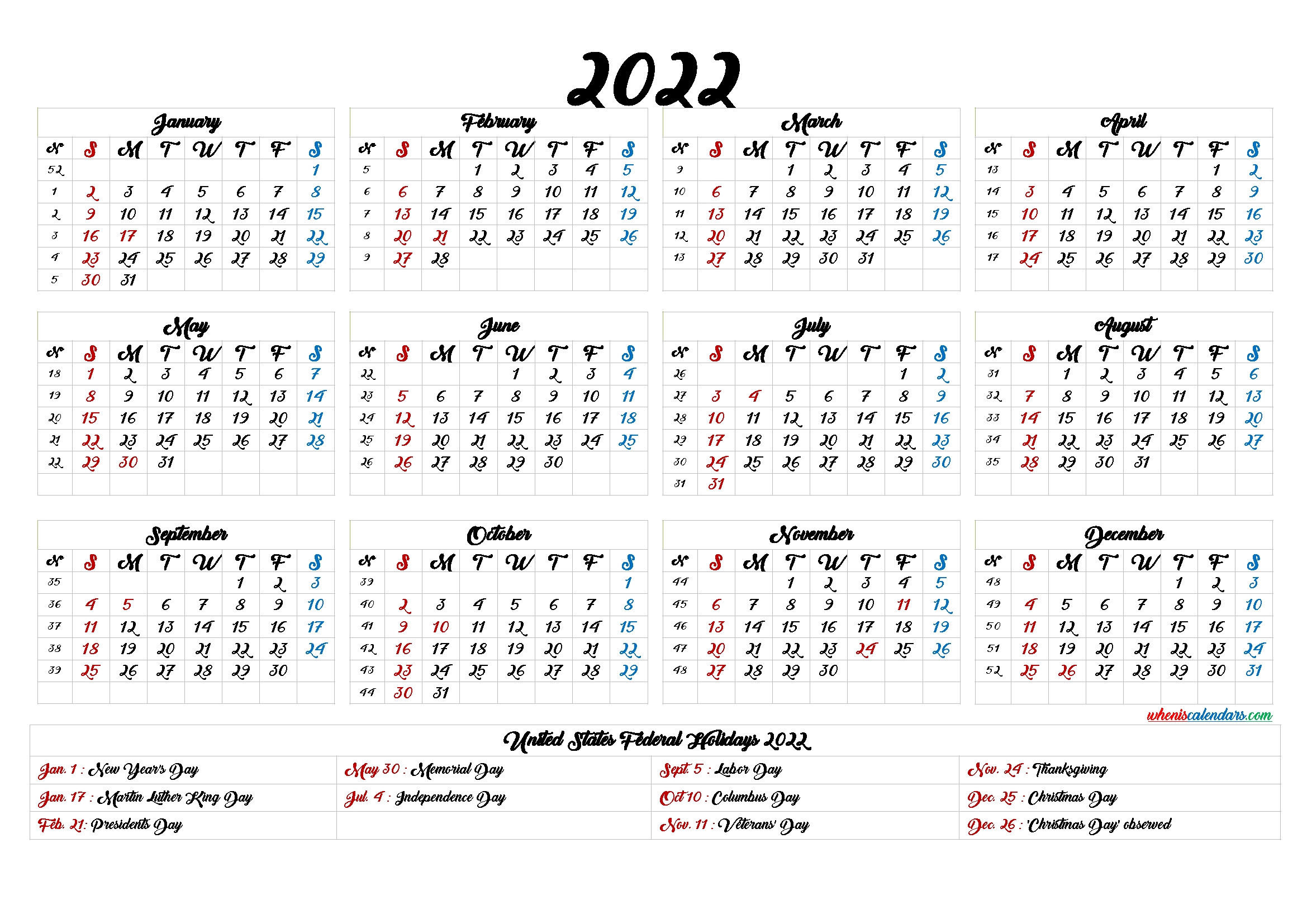 January 2022 Printable Calendar 2022 With Holidays