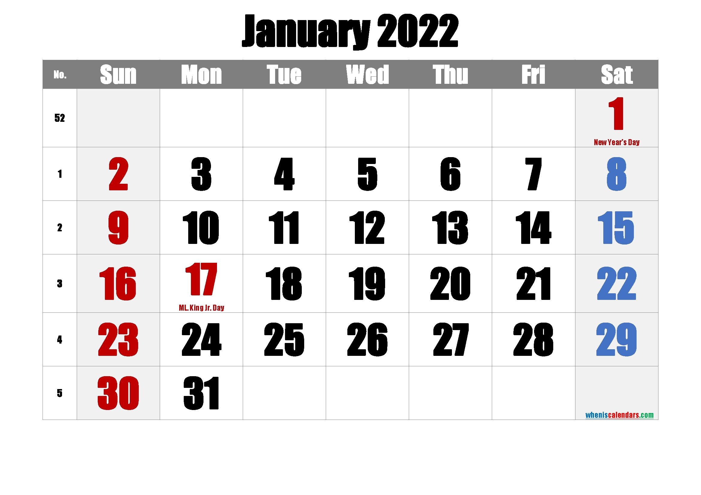 January 2022 Printable Calendar With Holidays - Free
