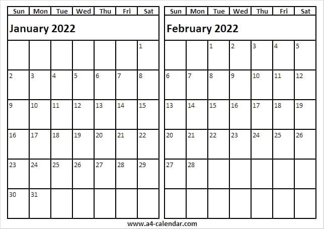 January February 2022 Calendar Editable - A4 Calendar
