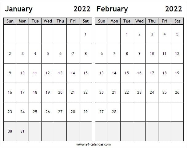 January February 2022 Calendar Image - A4 Calendar
