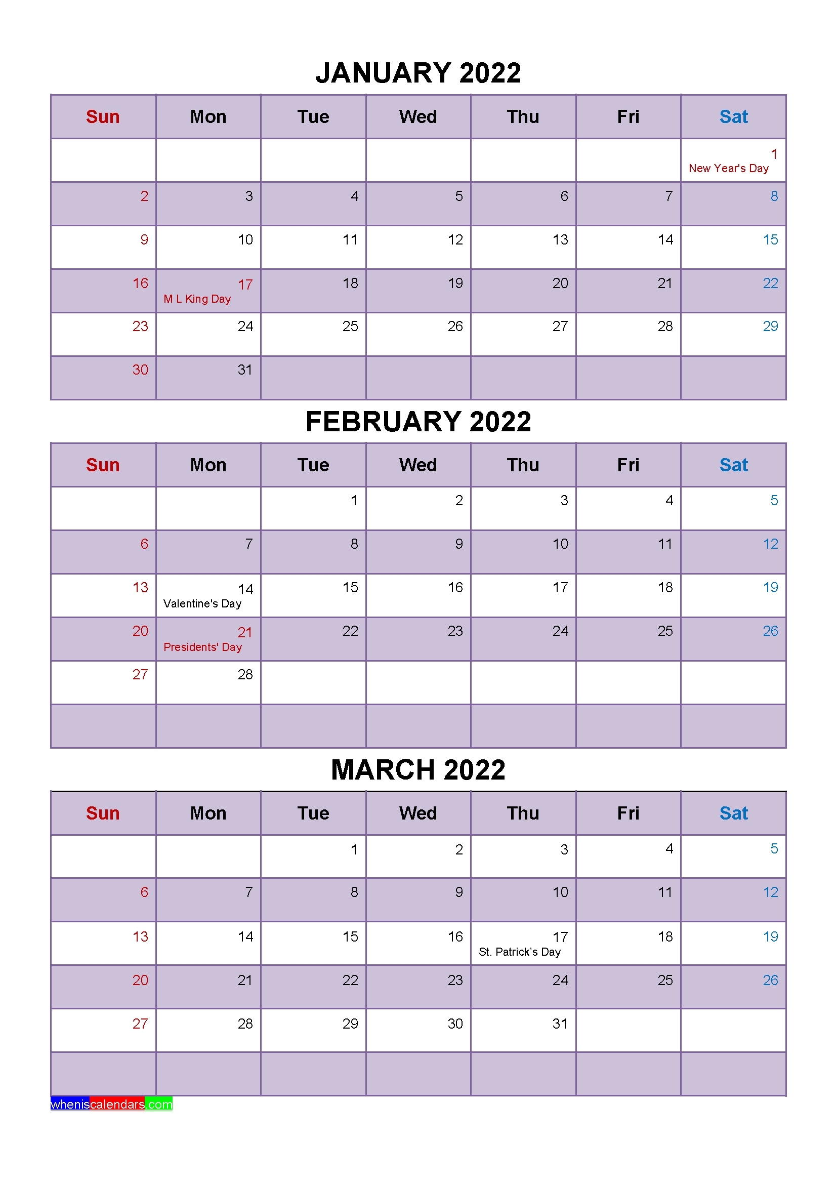 January February March 2022 Calendar With Holidays [Four