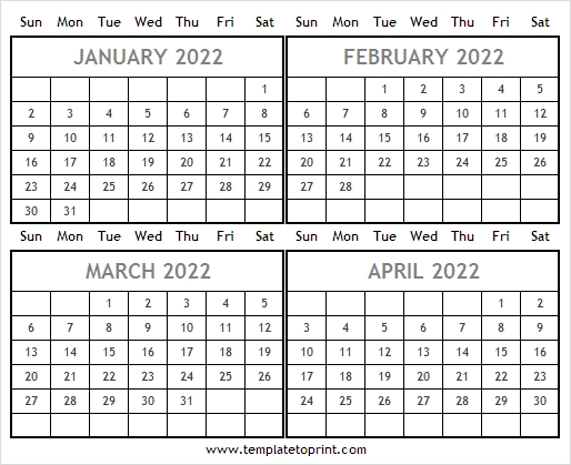 January To April 2022 Calendar | 2022 Calendar Blank