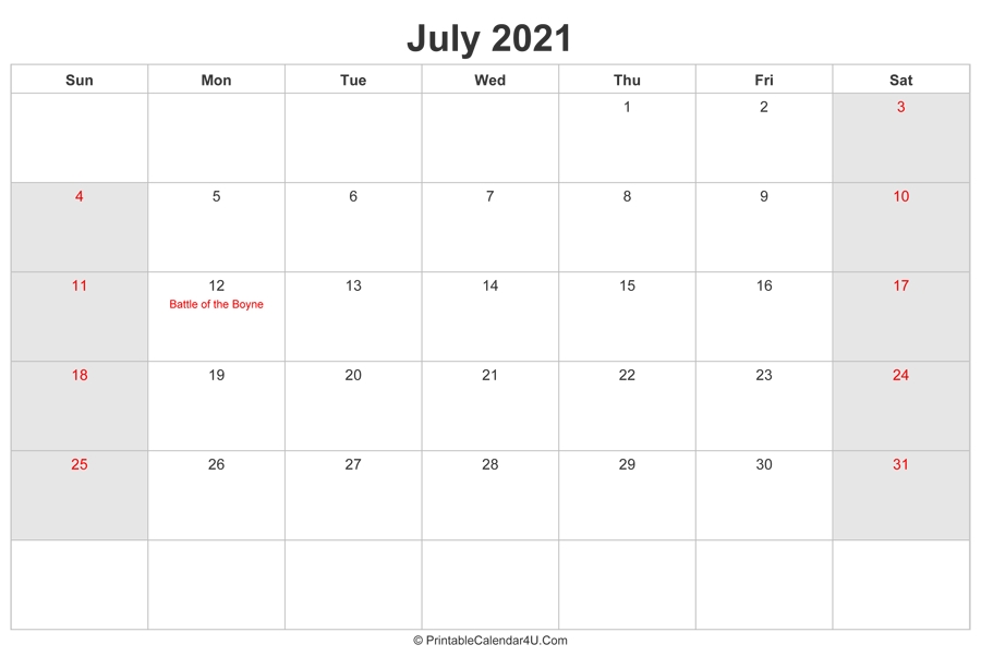 July 2021 Calendar With Uk Bank Holidays Highlighted