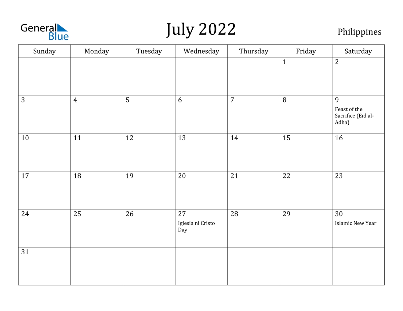 July 2022 Calendar - Philippines