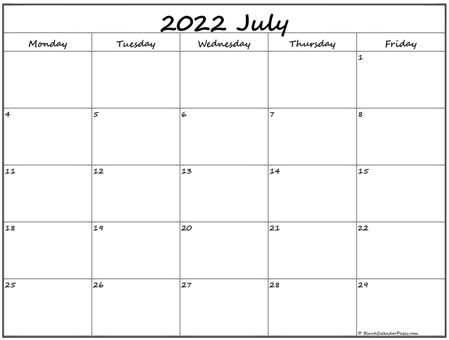 July 2022 Monday Calendar | Monday To Sunday